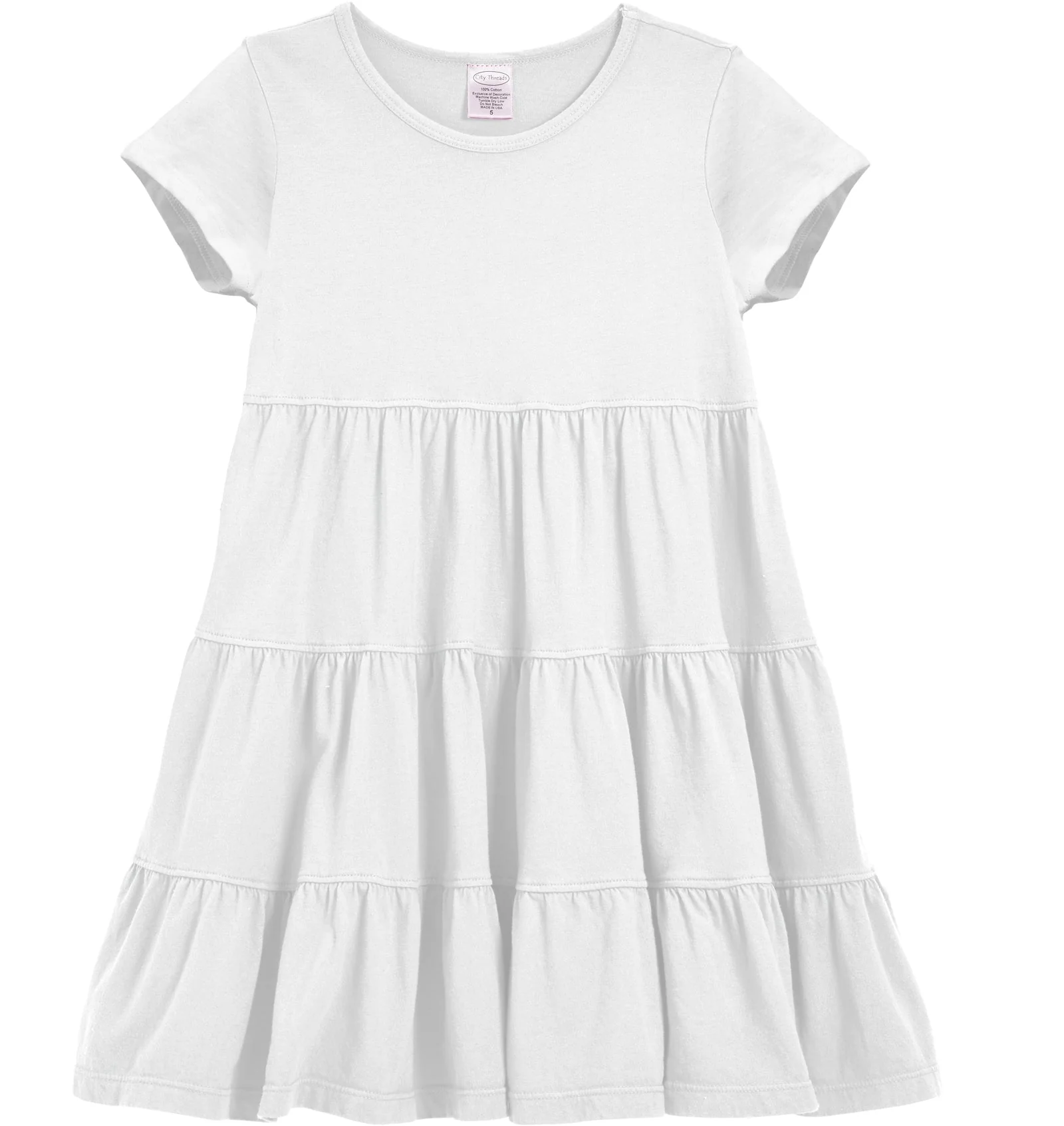 Girls Soft Cotton Jersey Short Sleeve Tiered Dress | White - Drispect