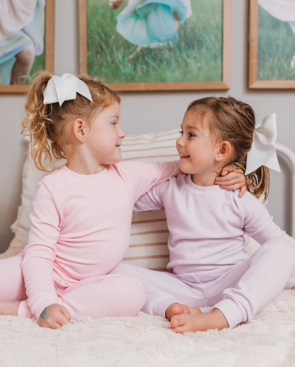 Girls Soft & Cozy Thermal 2-Piece Long Johns | White w- Light Pink Stitch - Drispect