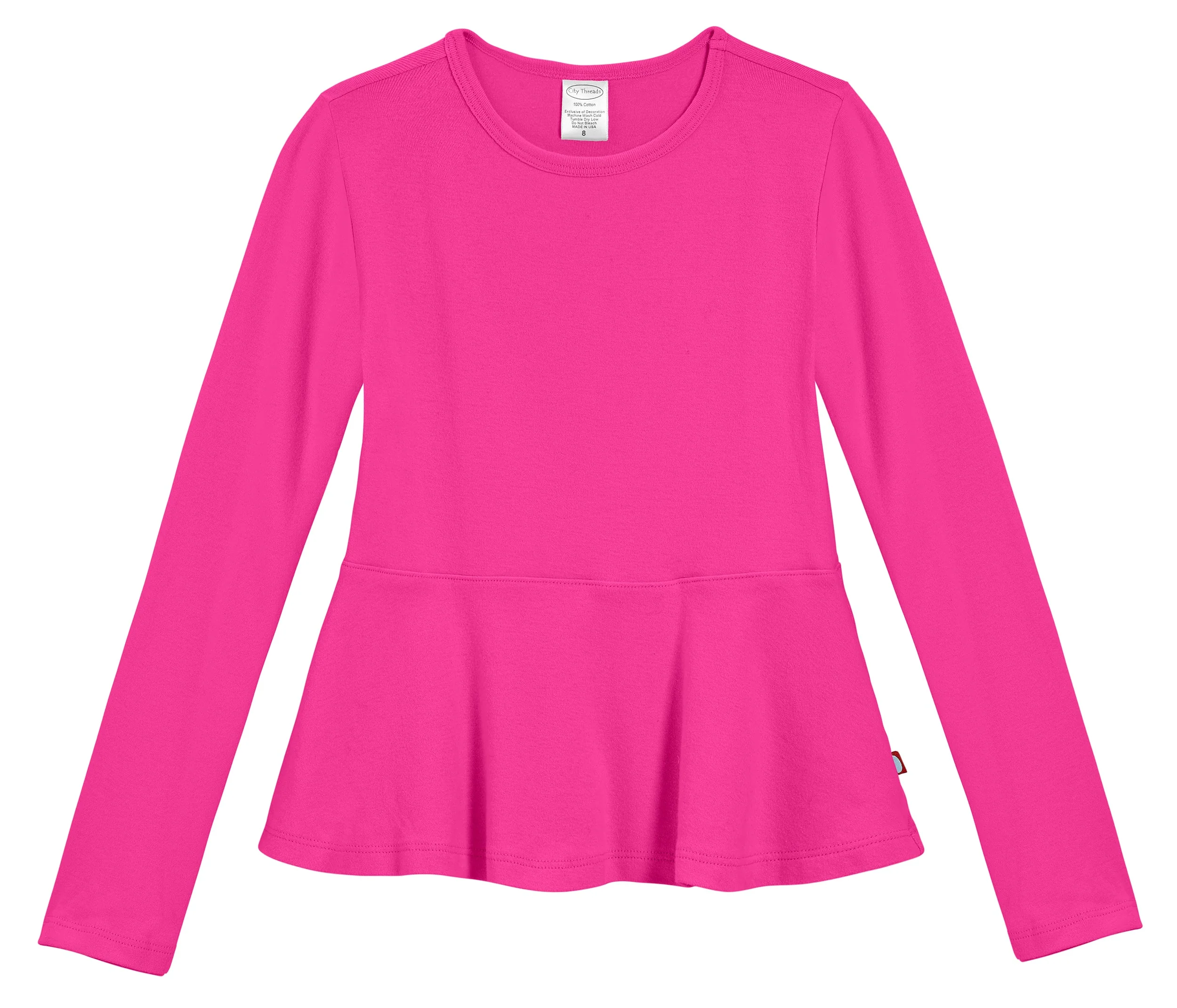 Girls Soft Cotton Long Sleeve Peplum Tee | Hot Pink - Drispect