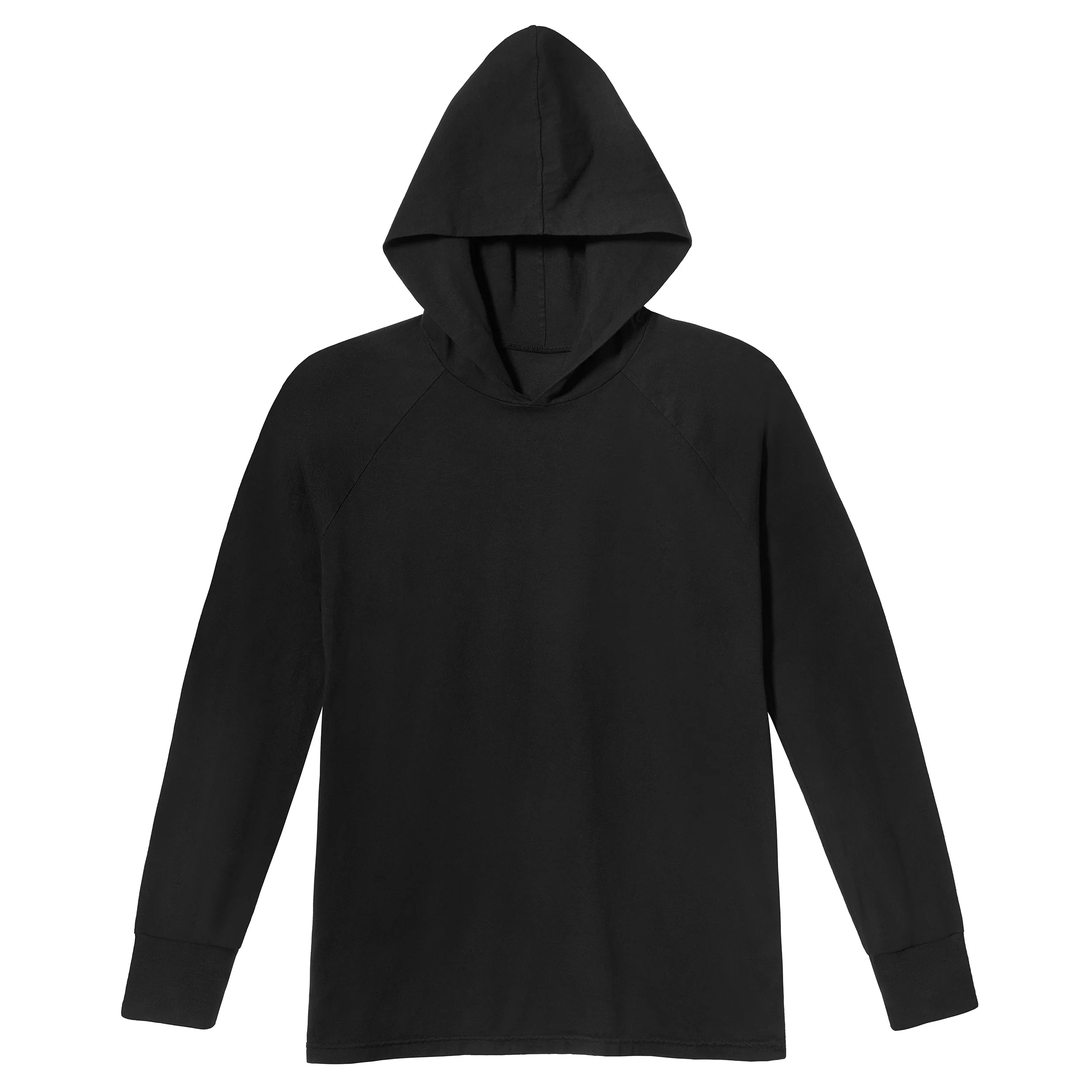 Men's Soft 100% Cotton Medium-Weight Long Sleeve Hooded Tee With Cuffs | Black - Drispect
