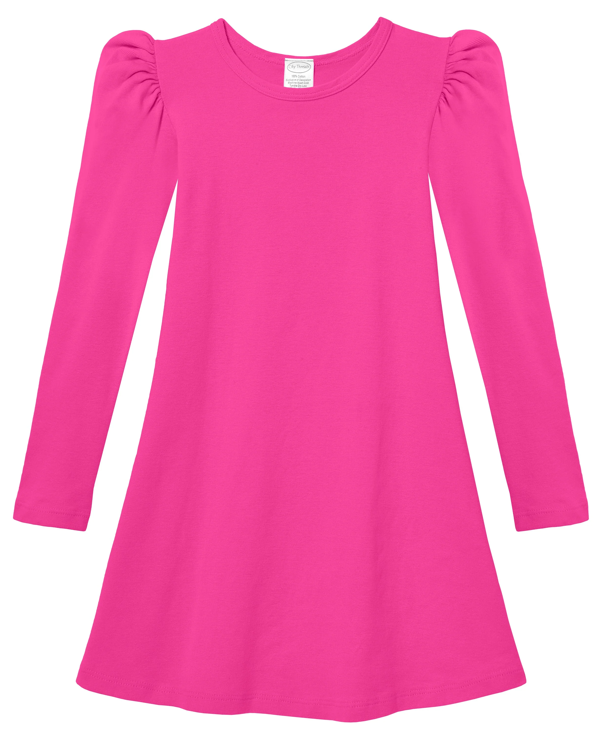 Girls Soft Cotton Puff Long Sleeve Dress | Hot Pink - Drispect