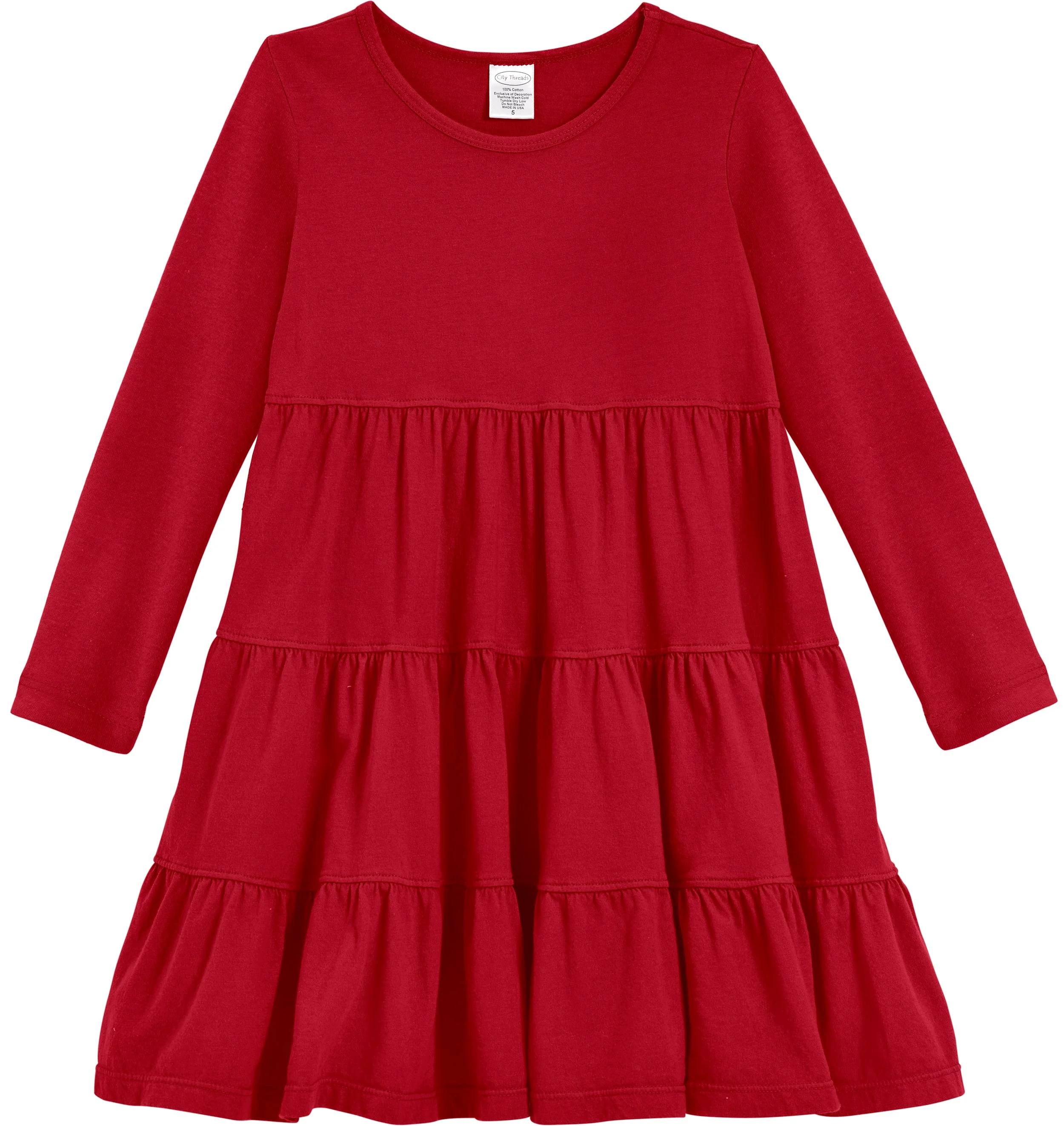 Girls Soft Cotton Jersey Long Sleeve Tiered Dress | Red - Drispect