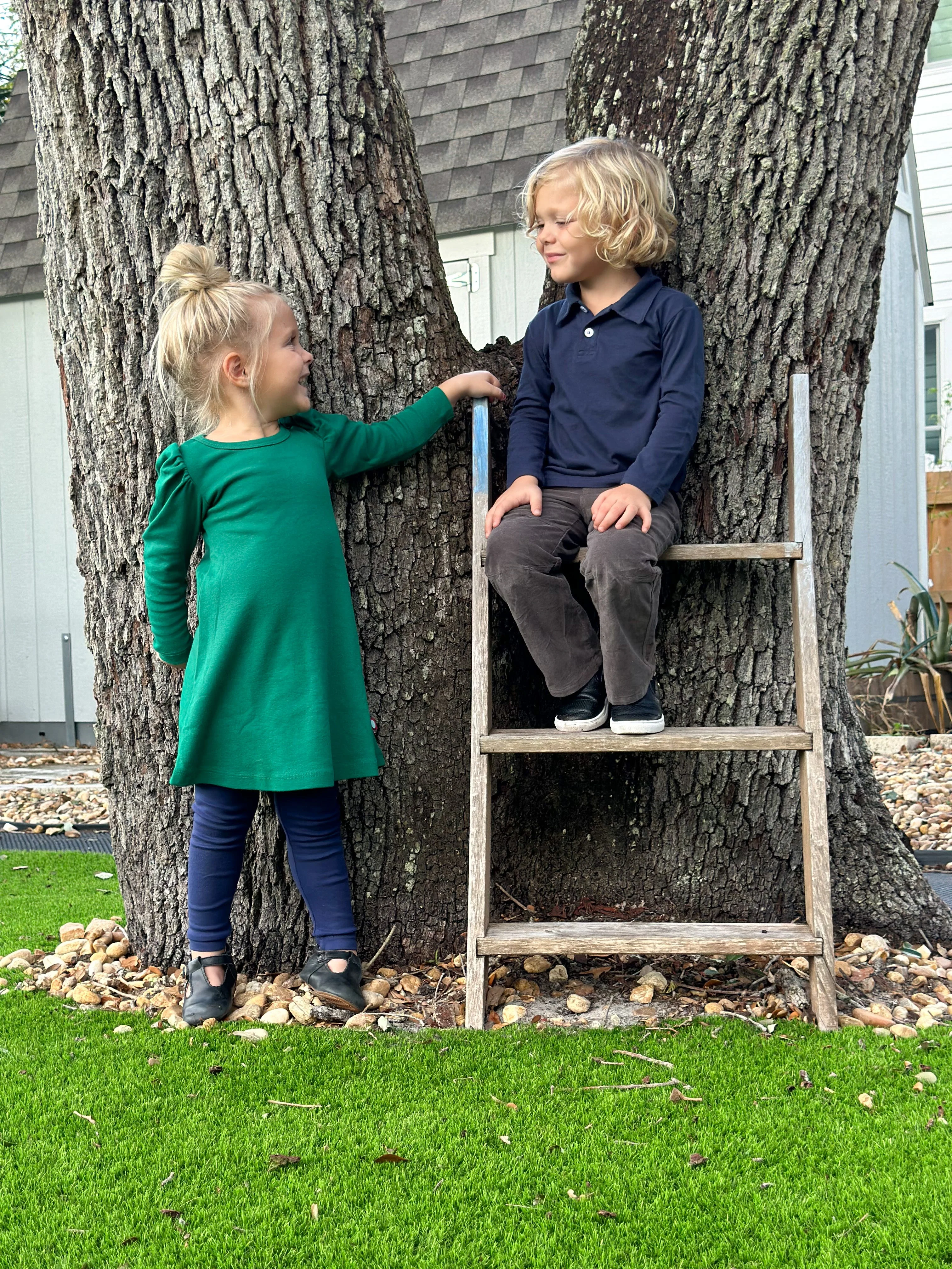 Girls Soft Cotton Puff Long Sleeve Dress | Forest Green - Drispect