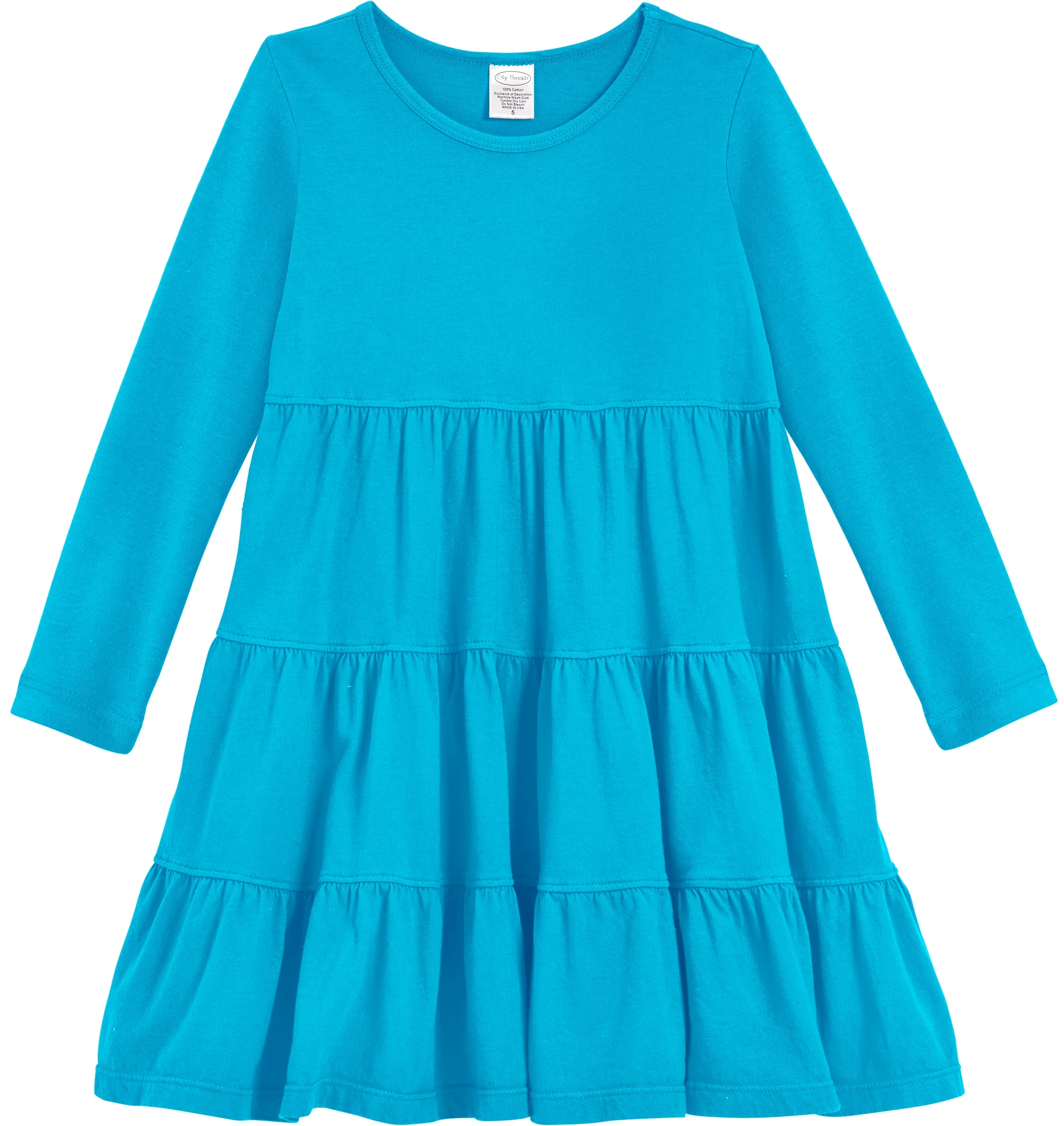 Girls Soft Cotton Jersey Long Sleeve Tiered Dress | Turquoise - Drispect