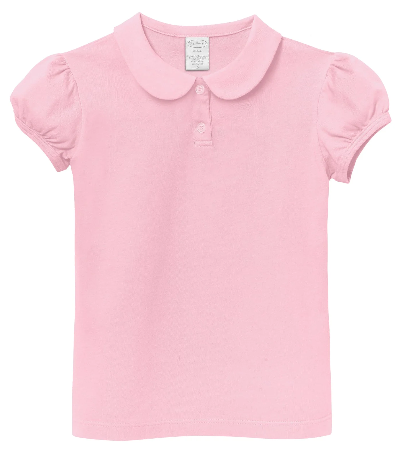 Girls Soft Cotton Jersey Peter Pan Collar Polo Puff Short Sleeve Tee-Seconds | Damage Bright Light Pink - Drispect