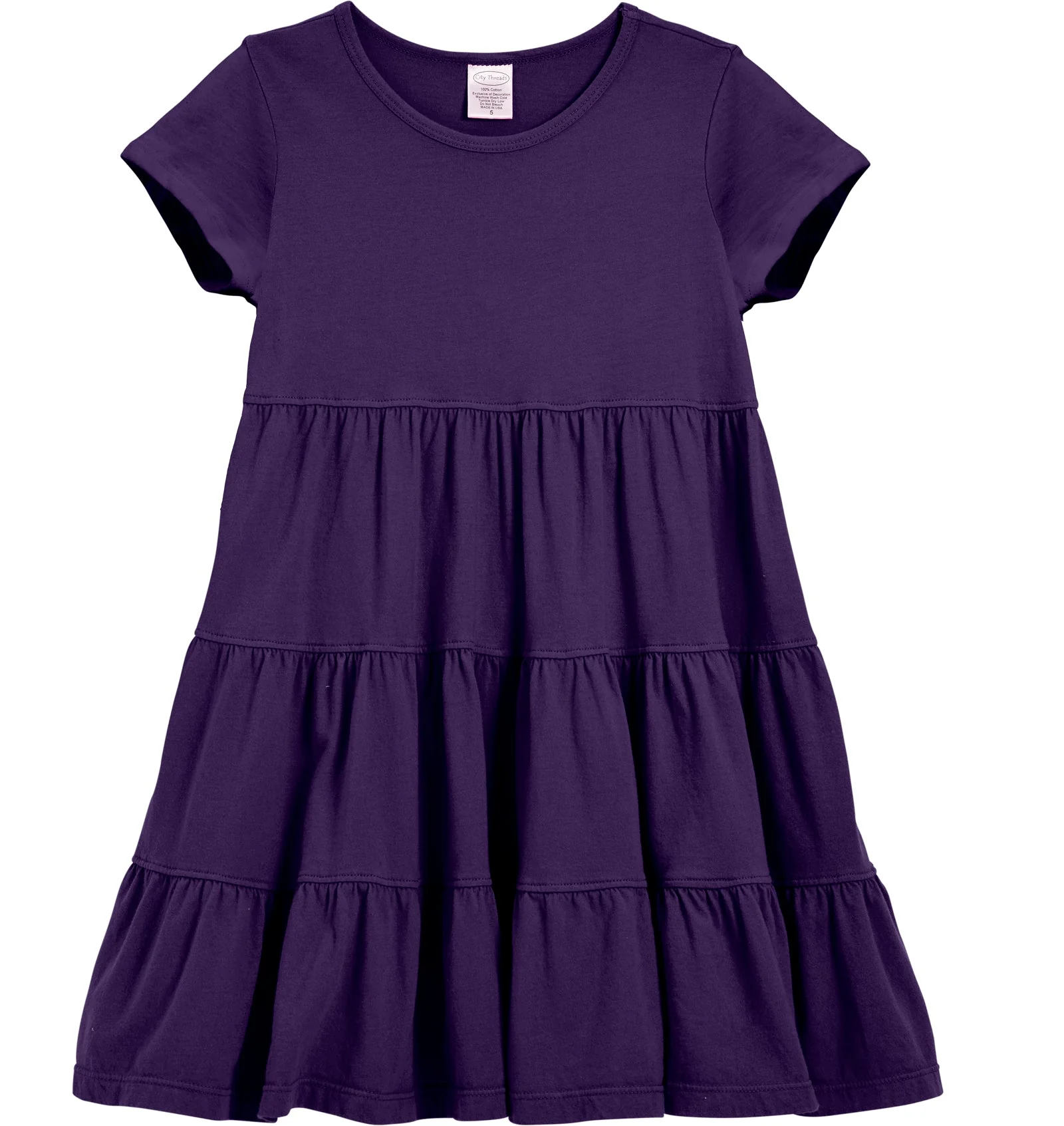 Girls Soft Cotton Jersey Short Sleeve Tiered Dress -Seconds| Damage-Purple - Drispect