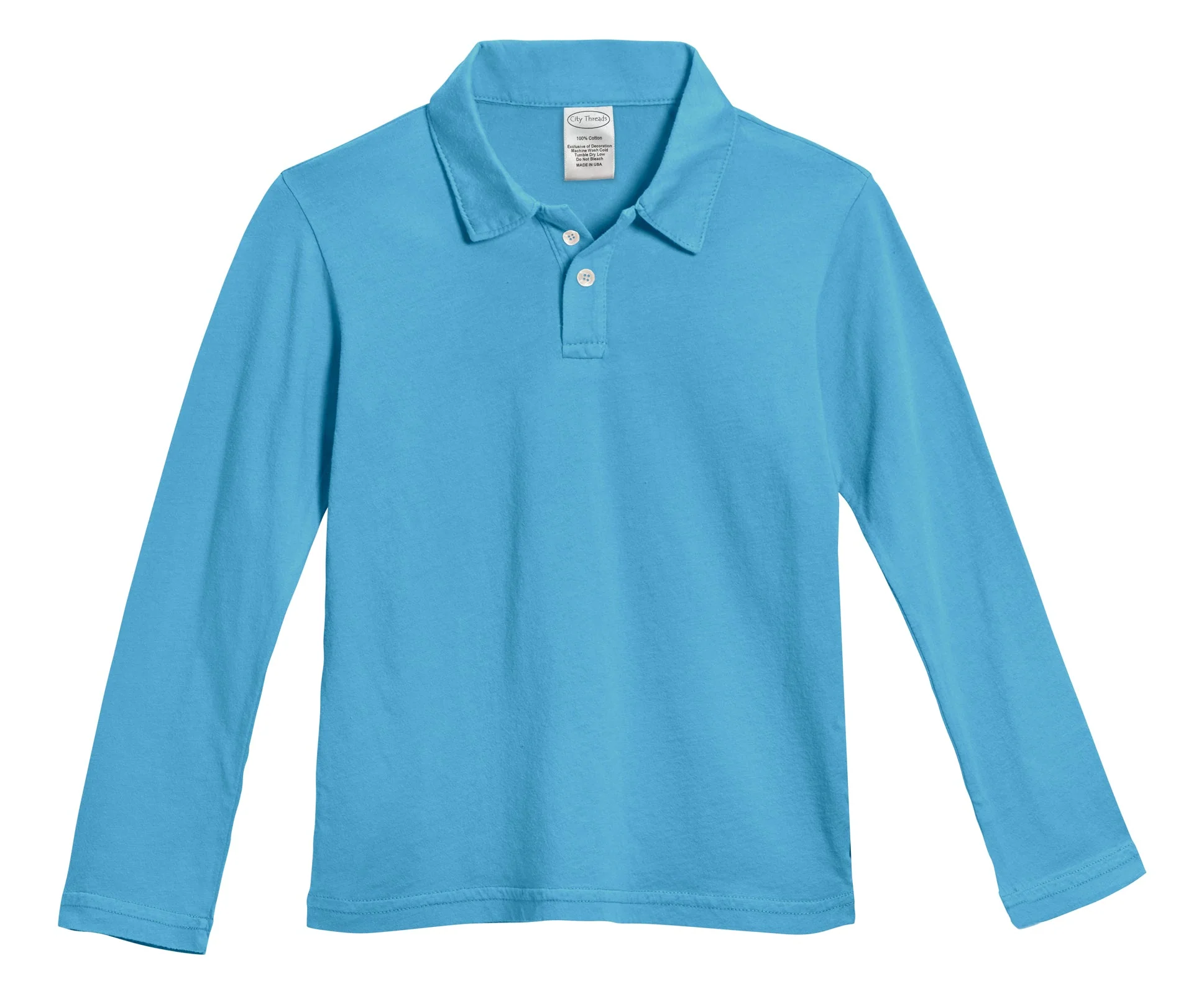 Boys Soft Cotton Jersey 2-Button Long Sleeve Polo Shirt | Sea - Drispect