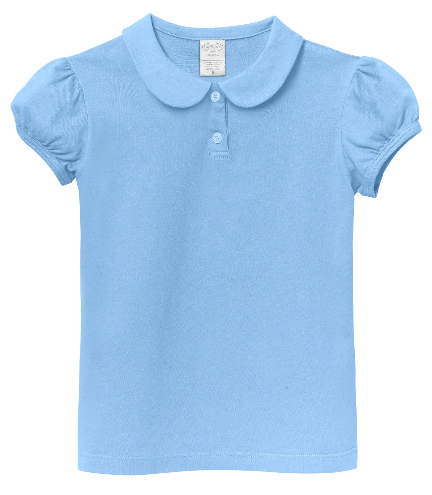 Girls Soft Cotton Jersey Peter Pan Collar Polo Puff Short Sleeve Tee-Seconds | Damage Bright Light Blue - Drispect