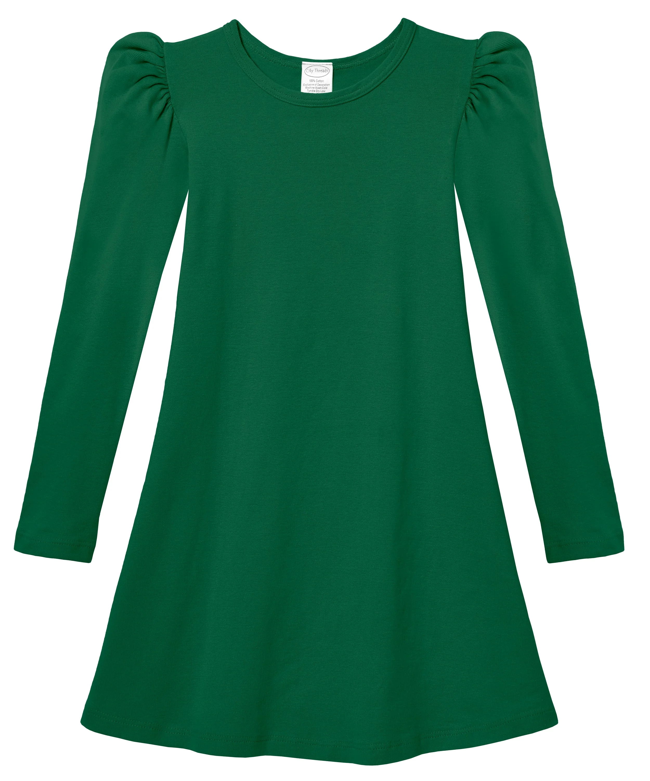 Girls Soft Cotton Puff Long Sleeve Dress | Forest Green - Drispect