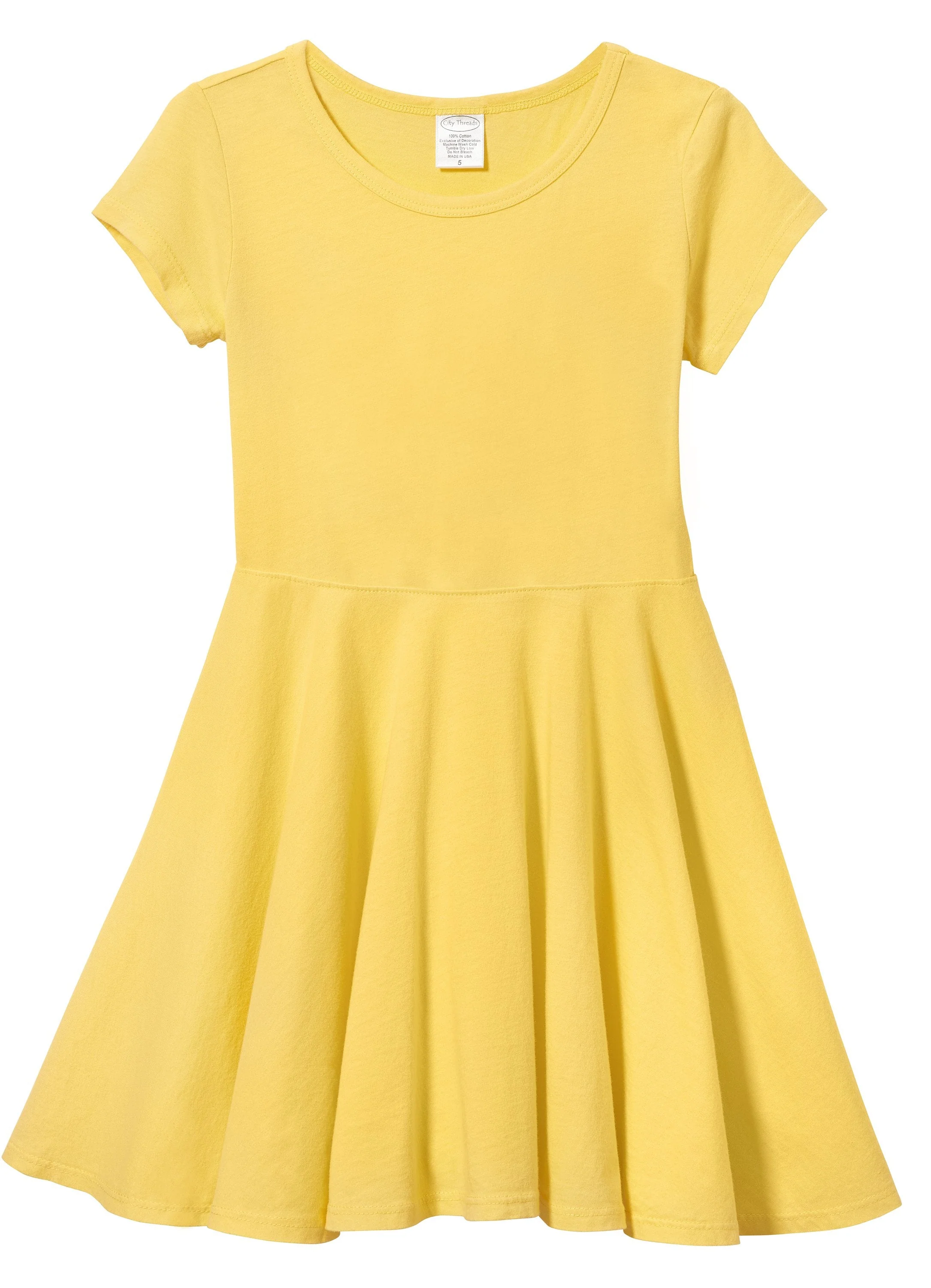 Girls Soft Cotton Jersey Short Sleeve Twirly Dress | Yellow - Drispect