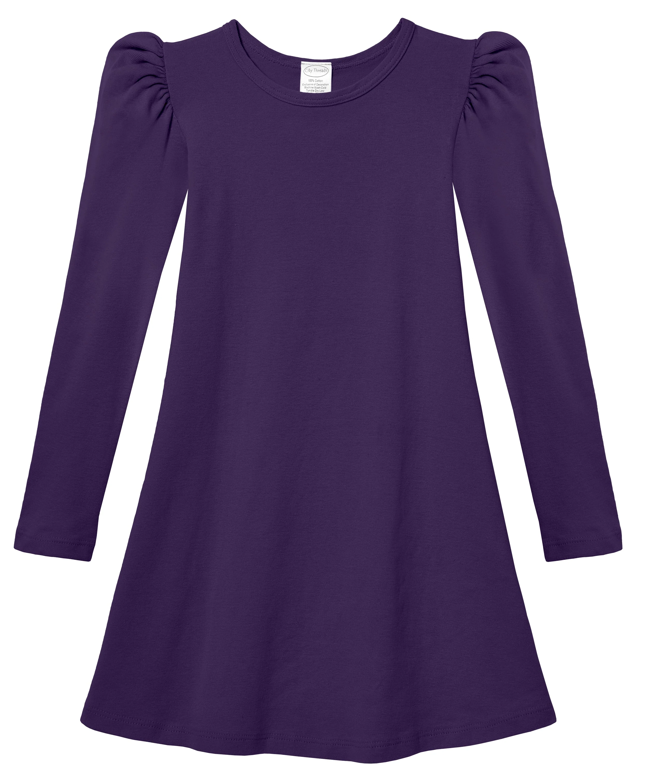 Girls Soft Cotton Puff Long Sleeve Dress | Purple - Drispect