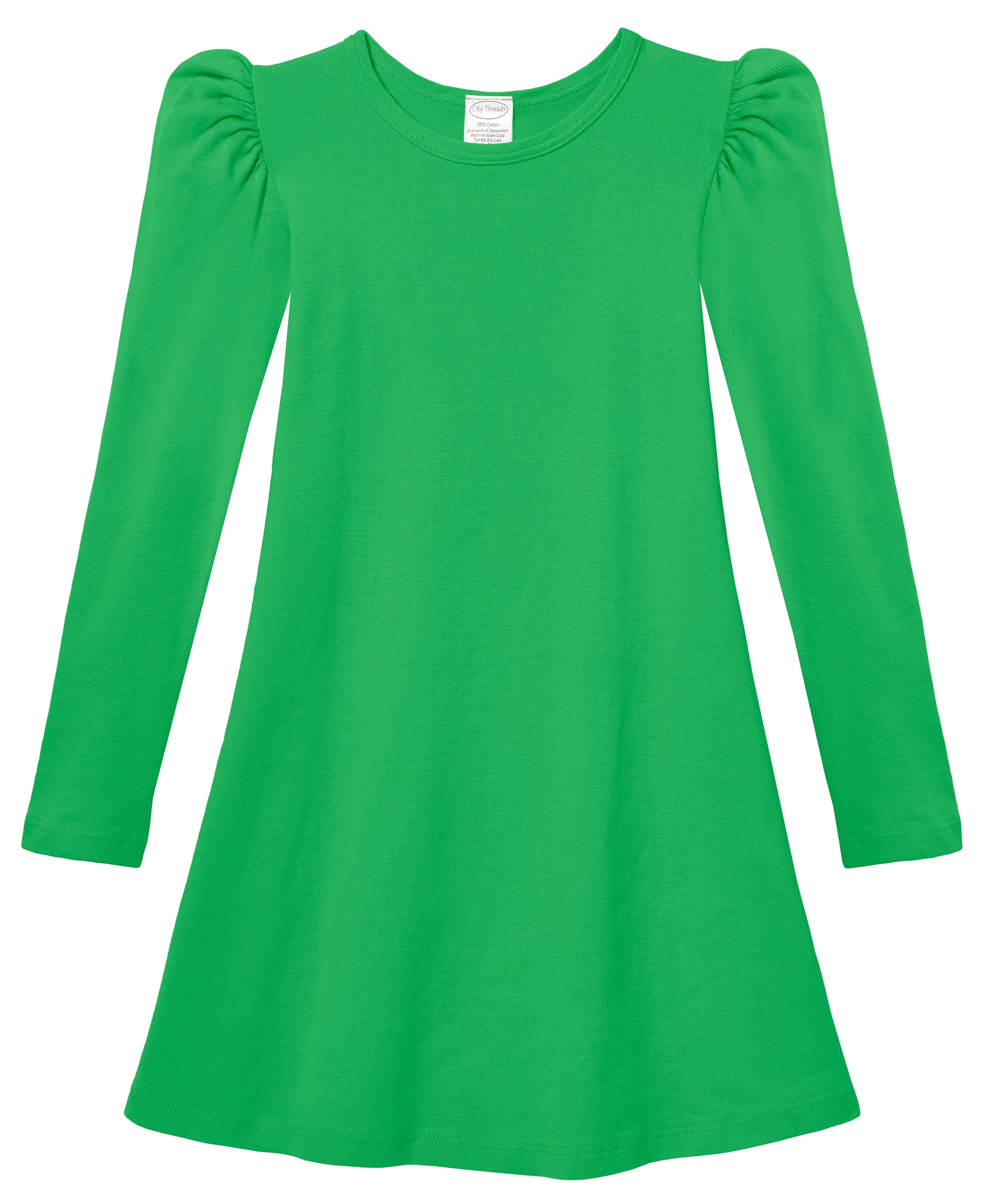 Girls Soft Cotton Puff Long Sleeve Dress | Elf Green - Drispect