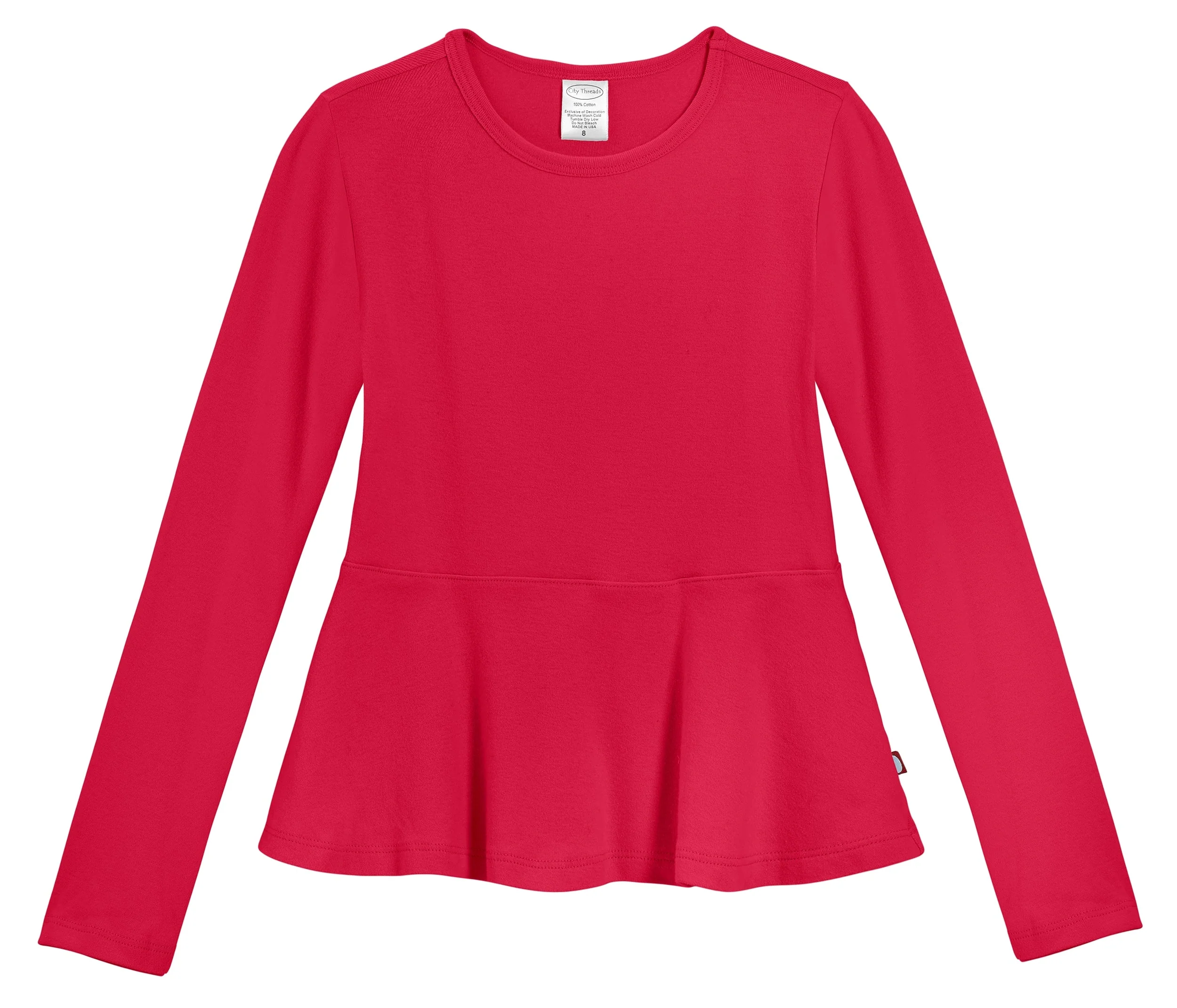 Girls Soft Cotton Long Sleeve Peplum Tee | Candy Apple - Drispect