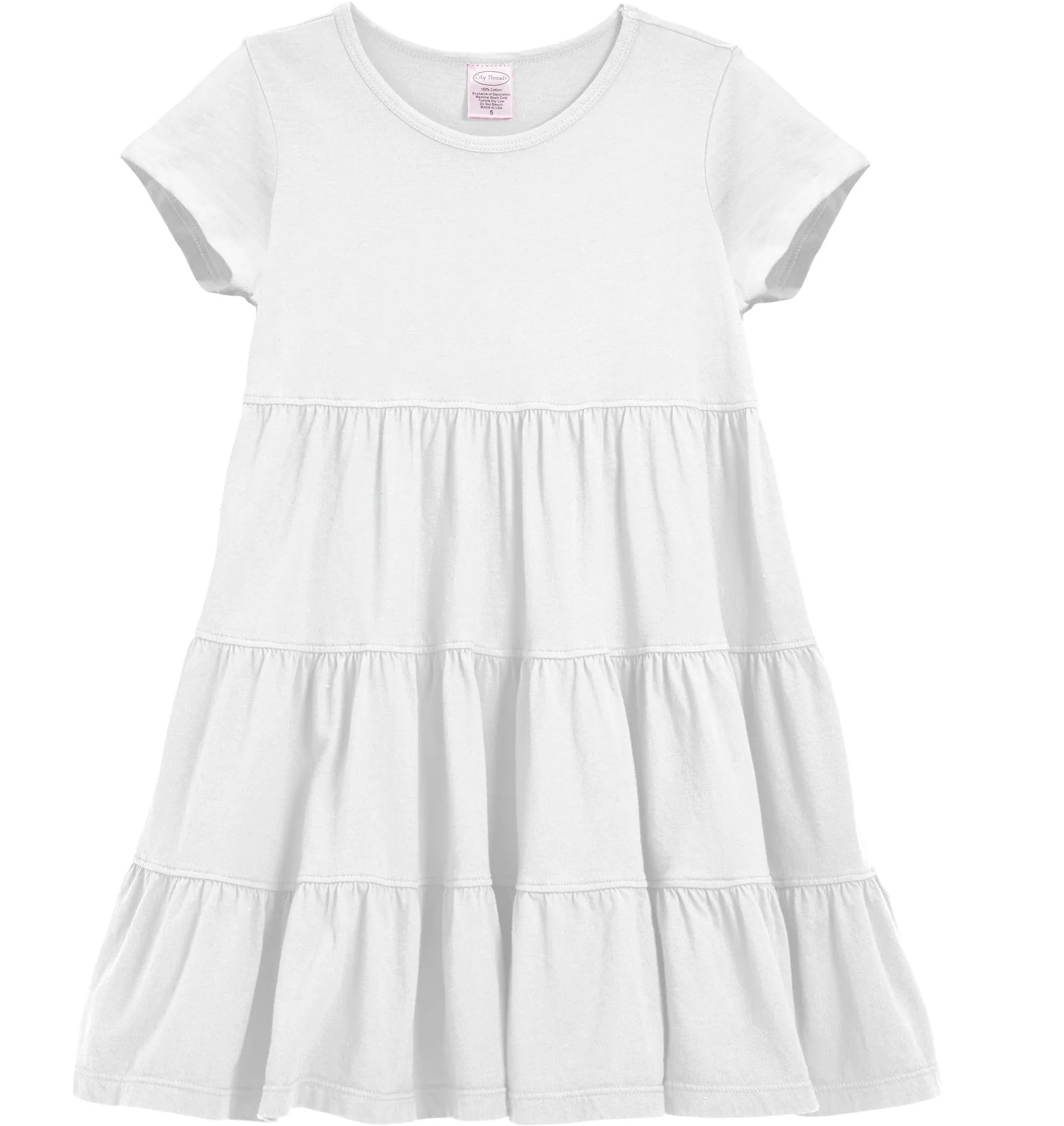Girls Soft Cotton Jersey Short Sleeve Tiered Dress -Seconds| Damage-White - Drispect
