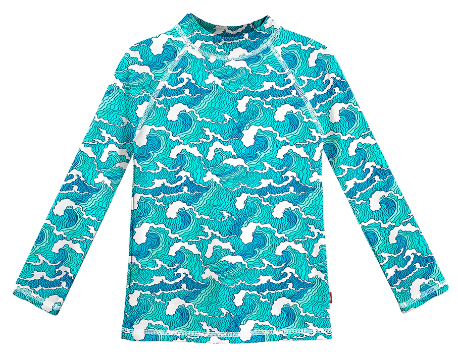 Girls UPF 50+ Printed Long Sleeve Rashguard | Turq Waves - Drispect