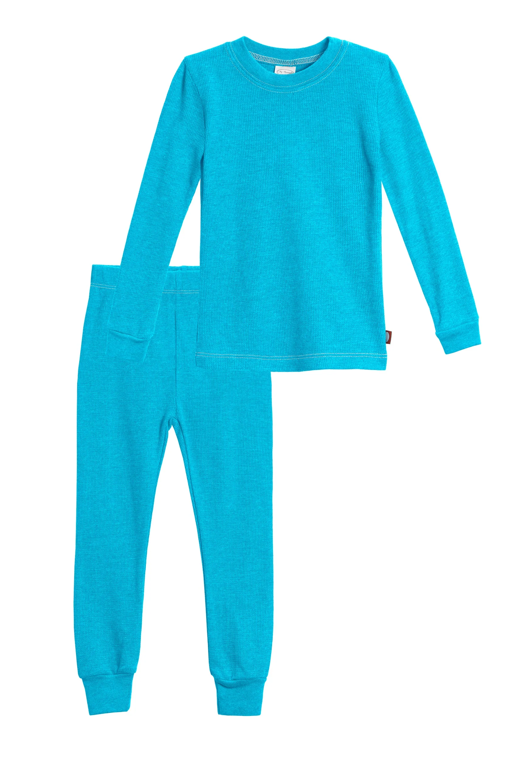 Girls Soft & Cozy Thermal 2-Piece Long Johns | Turquoise w- Light Pink Stitch - Drispect