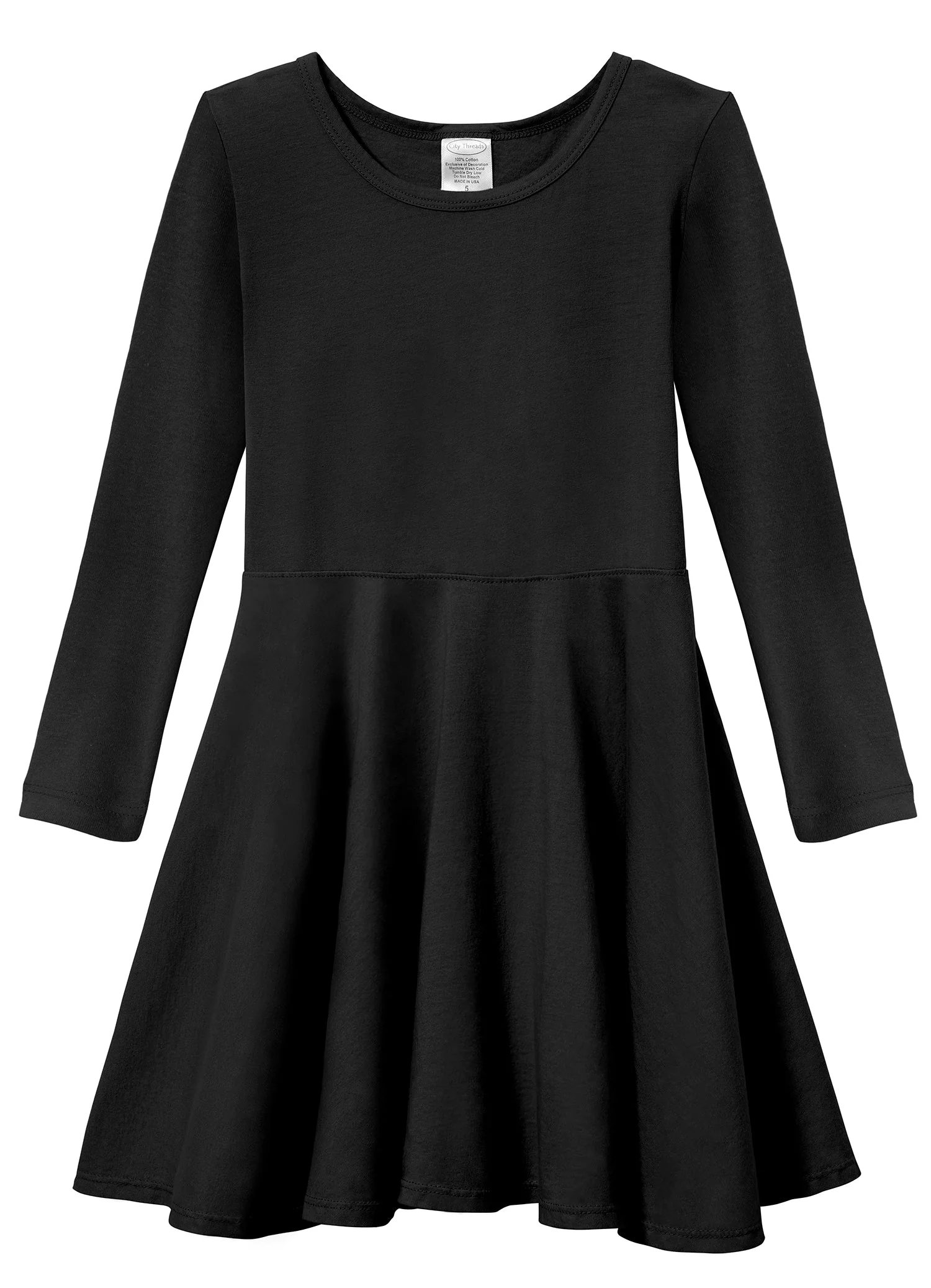Girls Soft Cotton Jersey Long Sleeve Twirly Dress | Black - Drispect