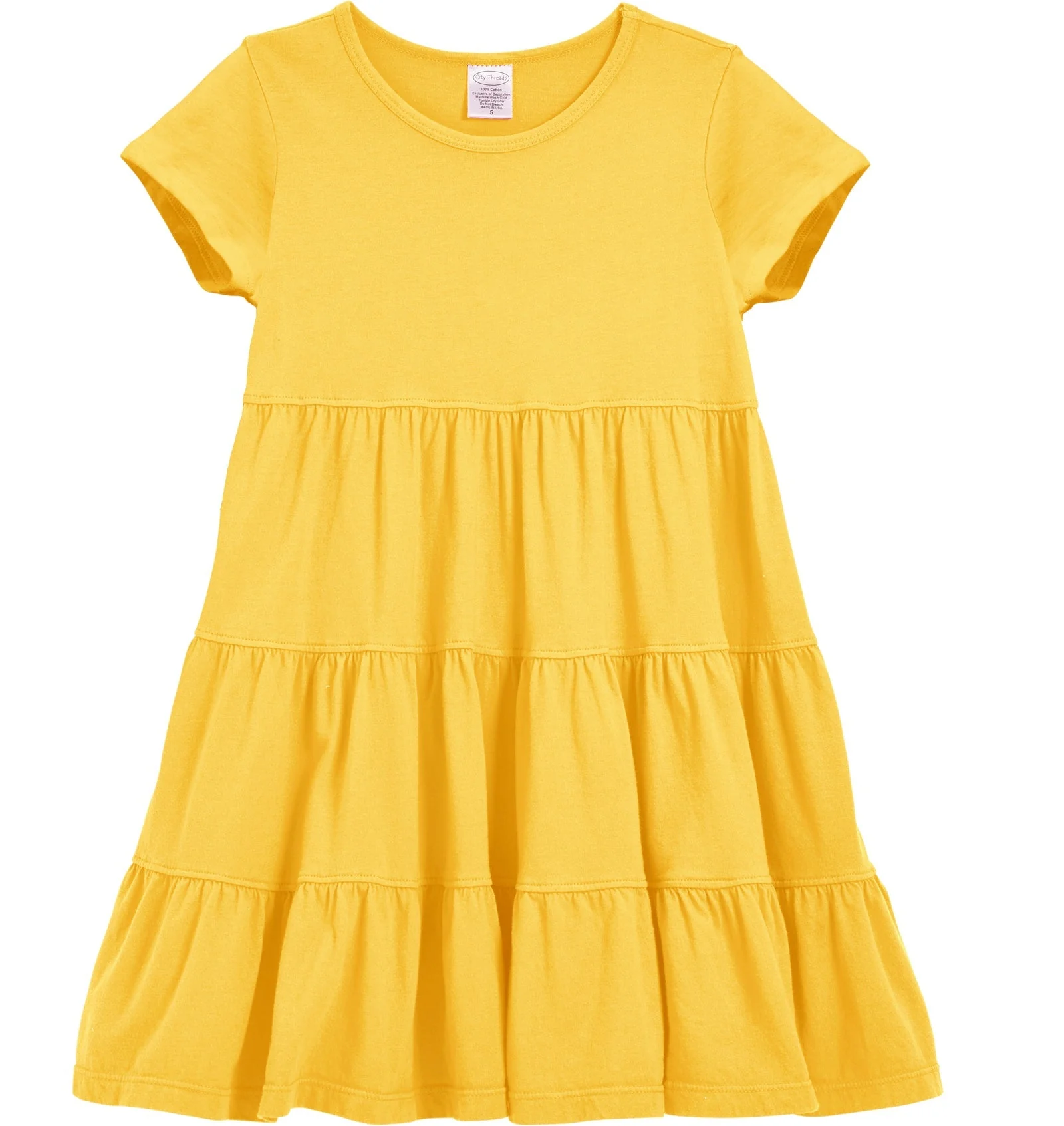 Girls Soft Cotton Jersey Short Sleeve Tiered Dress | Yellow - Drispect