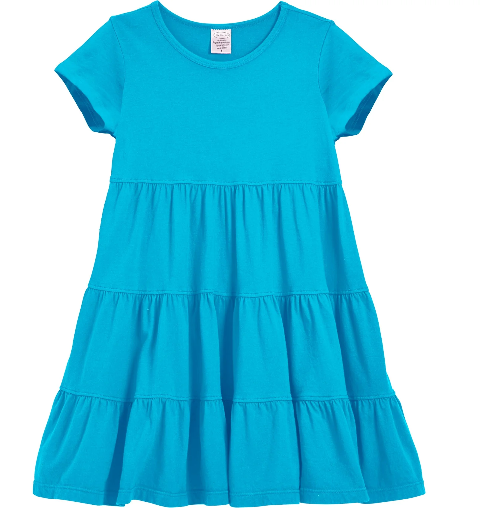 Girls Soft Cotton Jersey Short Sleeve Tiered Dress -Seconds| Damage-Turquoise - Drispect