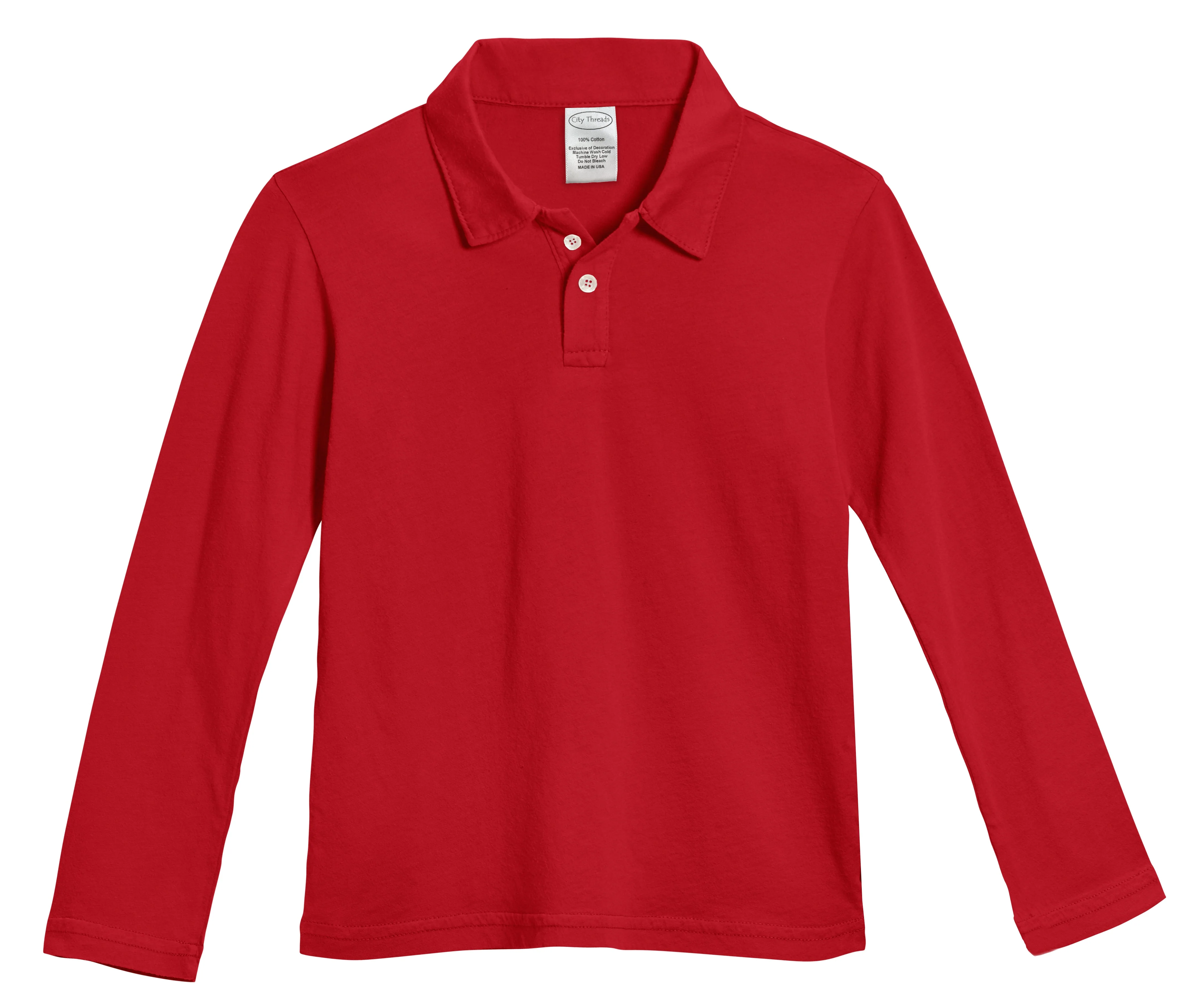 Boys Soft Cotton Jersey 2-Button Long Sleeve Polo Shirt | Uniform Red - Drispect