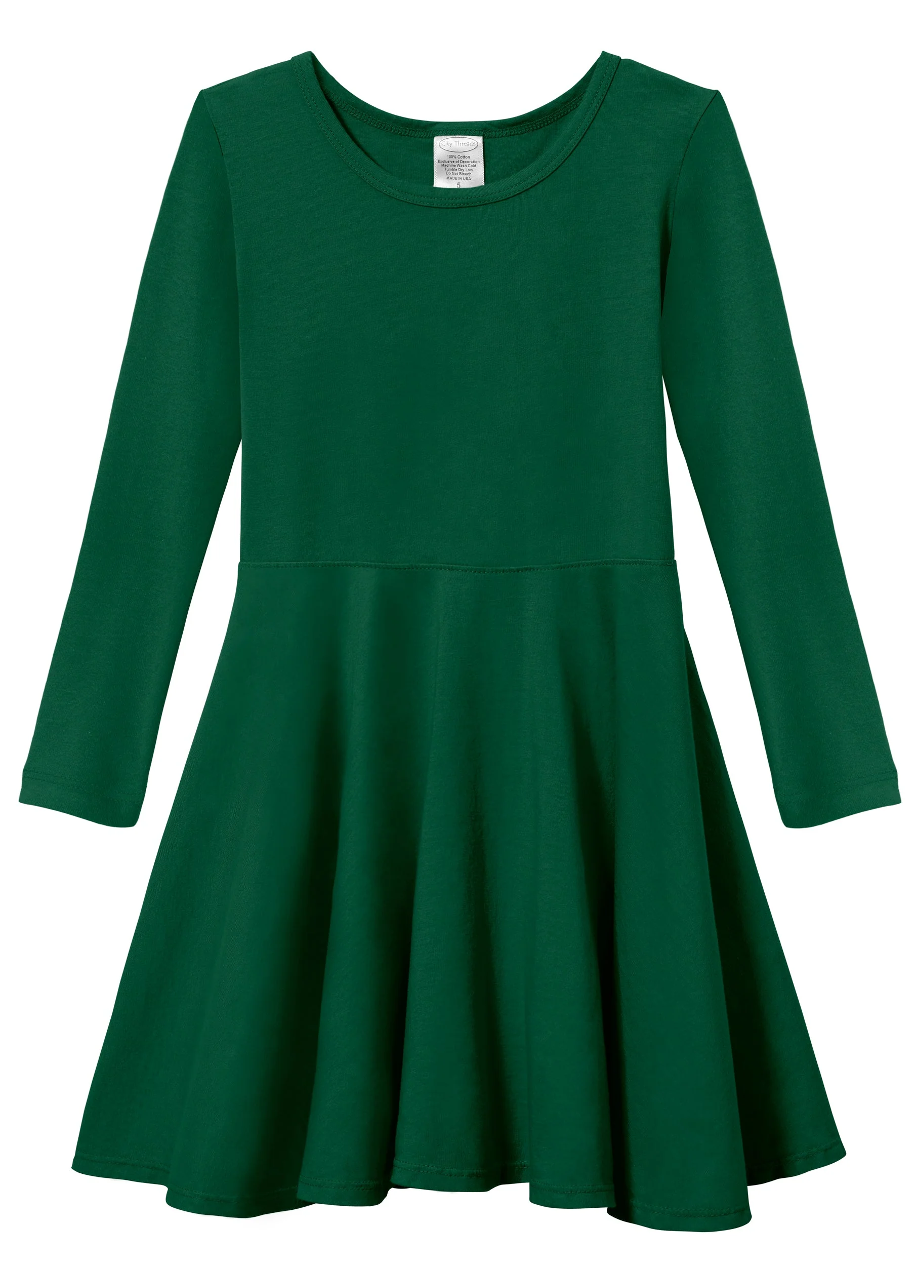 Girls Soft Cotton Jersey Long Sleeve Twirly Dress | Forest Green - Drispect