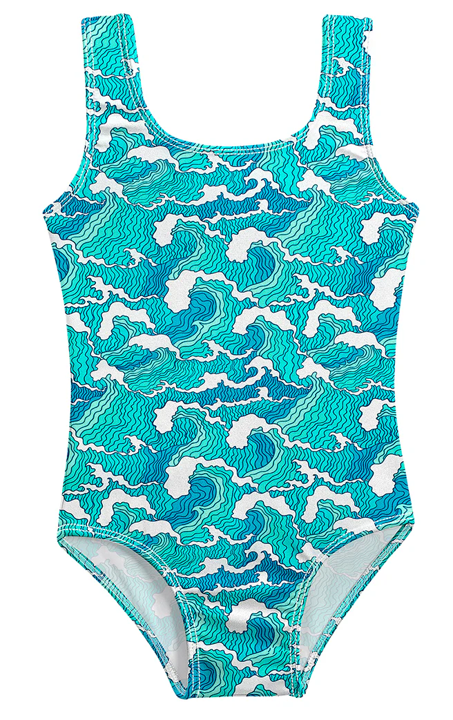 Girls UPF 50+ One Piece Swimsuit | Turq Waves - Drispect