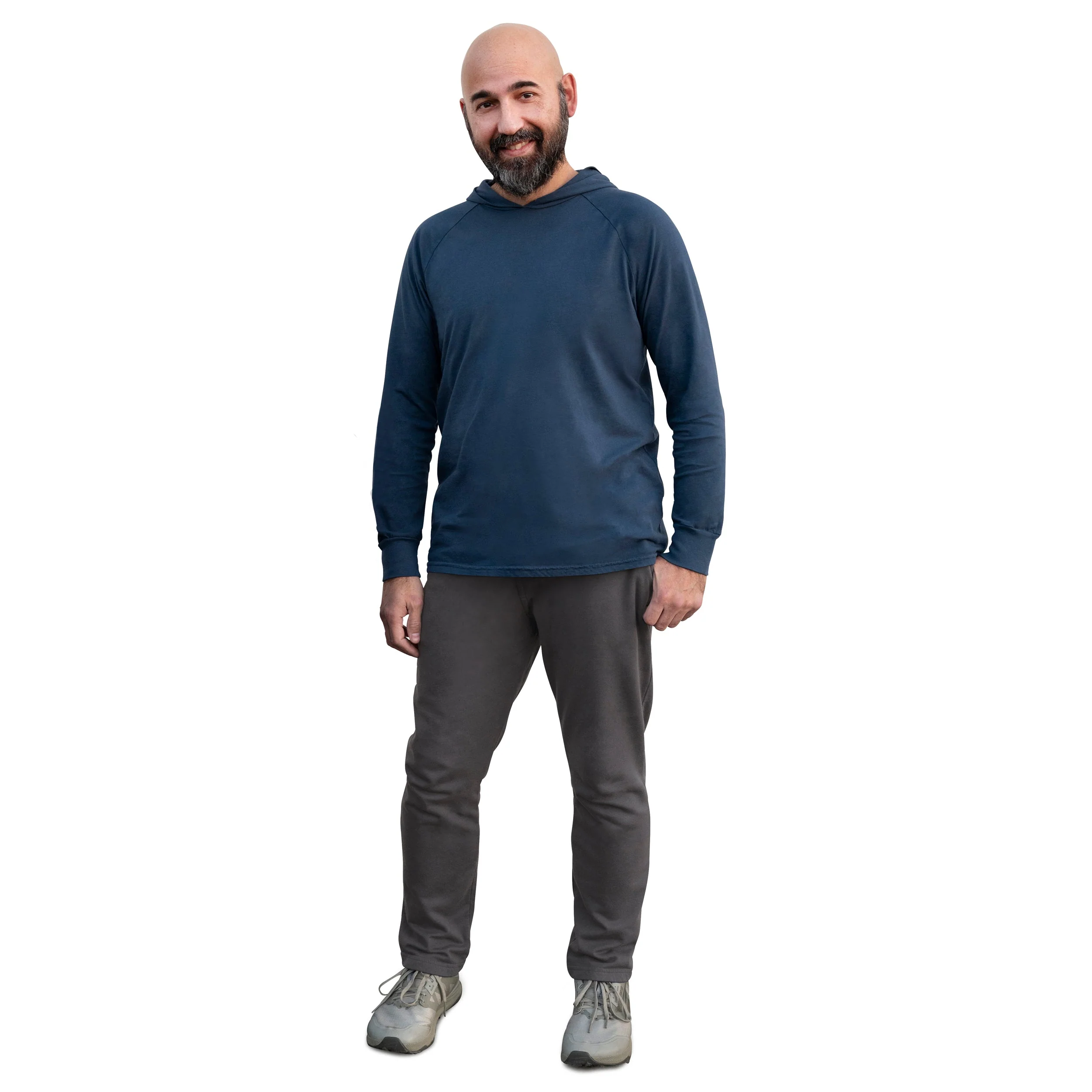 Men's Soft 100% Cotton Medium-Weight Long Sleeve Hooded Tee With Cuffs | Denim Blue - Drispect