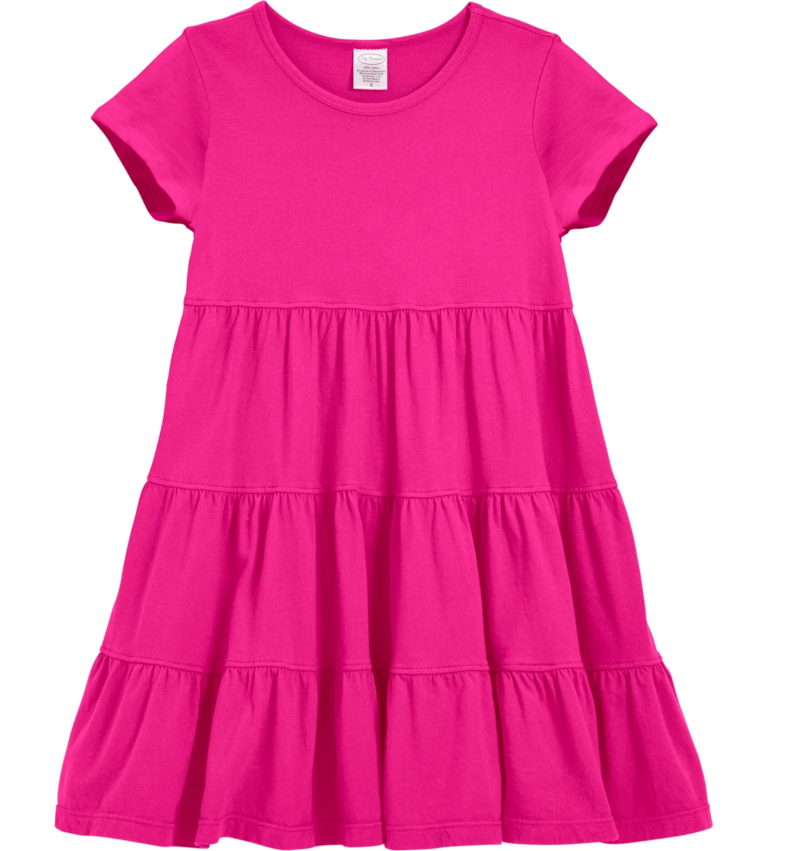 Girls Soft Cotton Jersey Short Sleeve Tiered Dress -Seconds| Damage-Hot Pink - Drispect