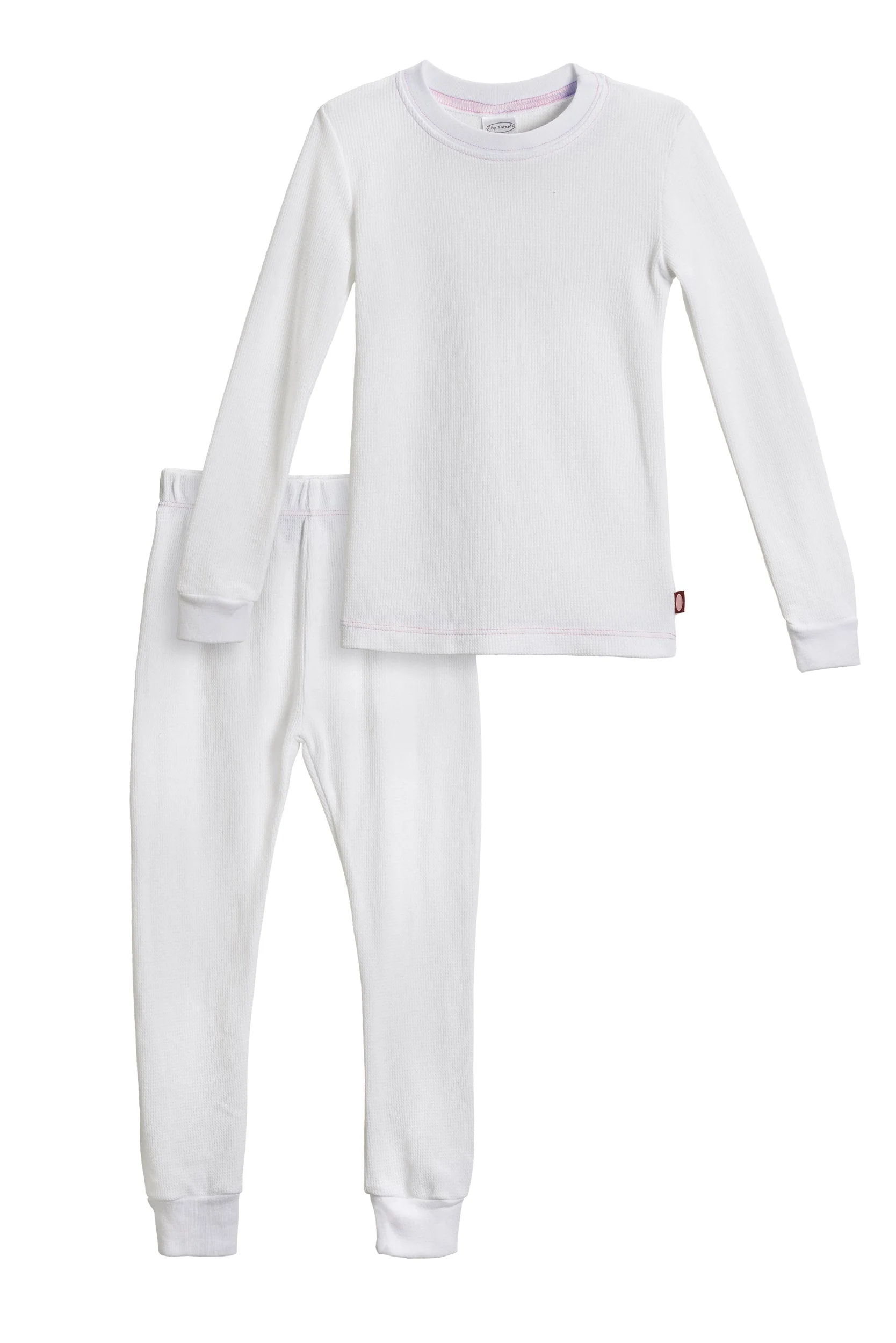 Girls Soft & Cozy Thermal 2-Piece Long Johns | White w- Light Pink Stitch - Drispect