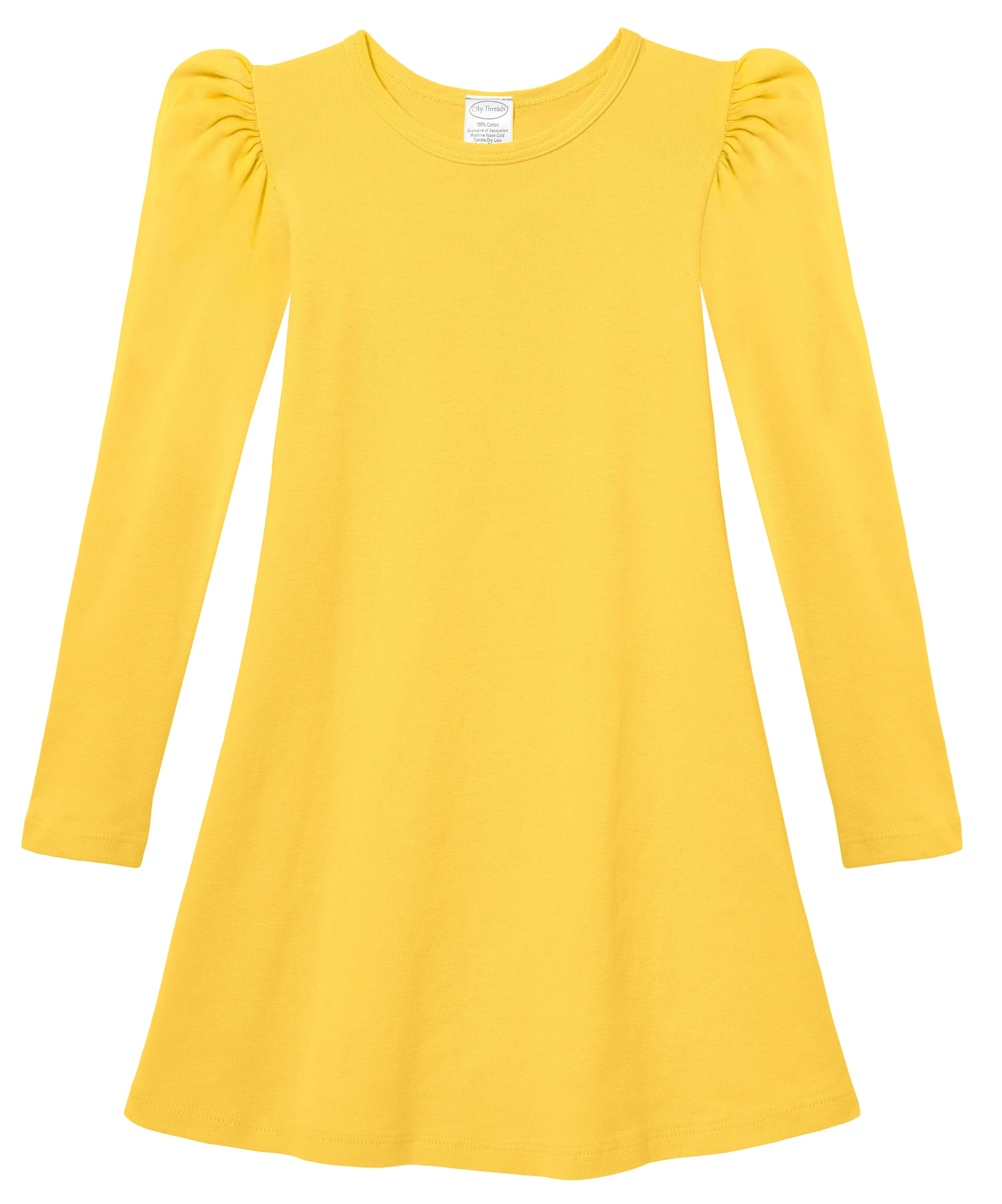 Girls Soft Cotton Puff Long Sleeve Dress | Yellow - Drispect