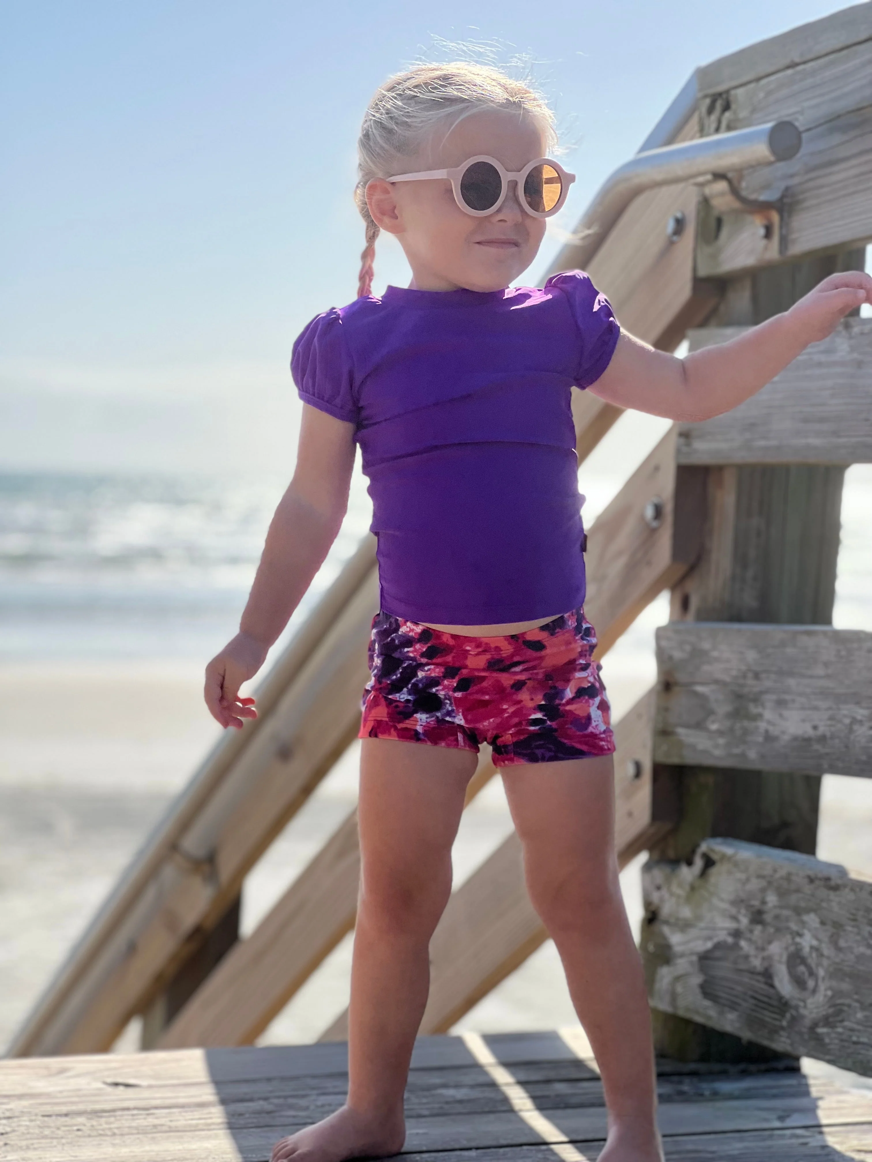 Girls UPF 50+ Printed Swim Boy Shorts  | Navy w- White Polka Dot - Drispect