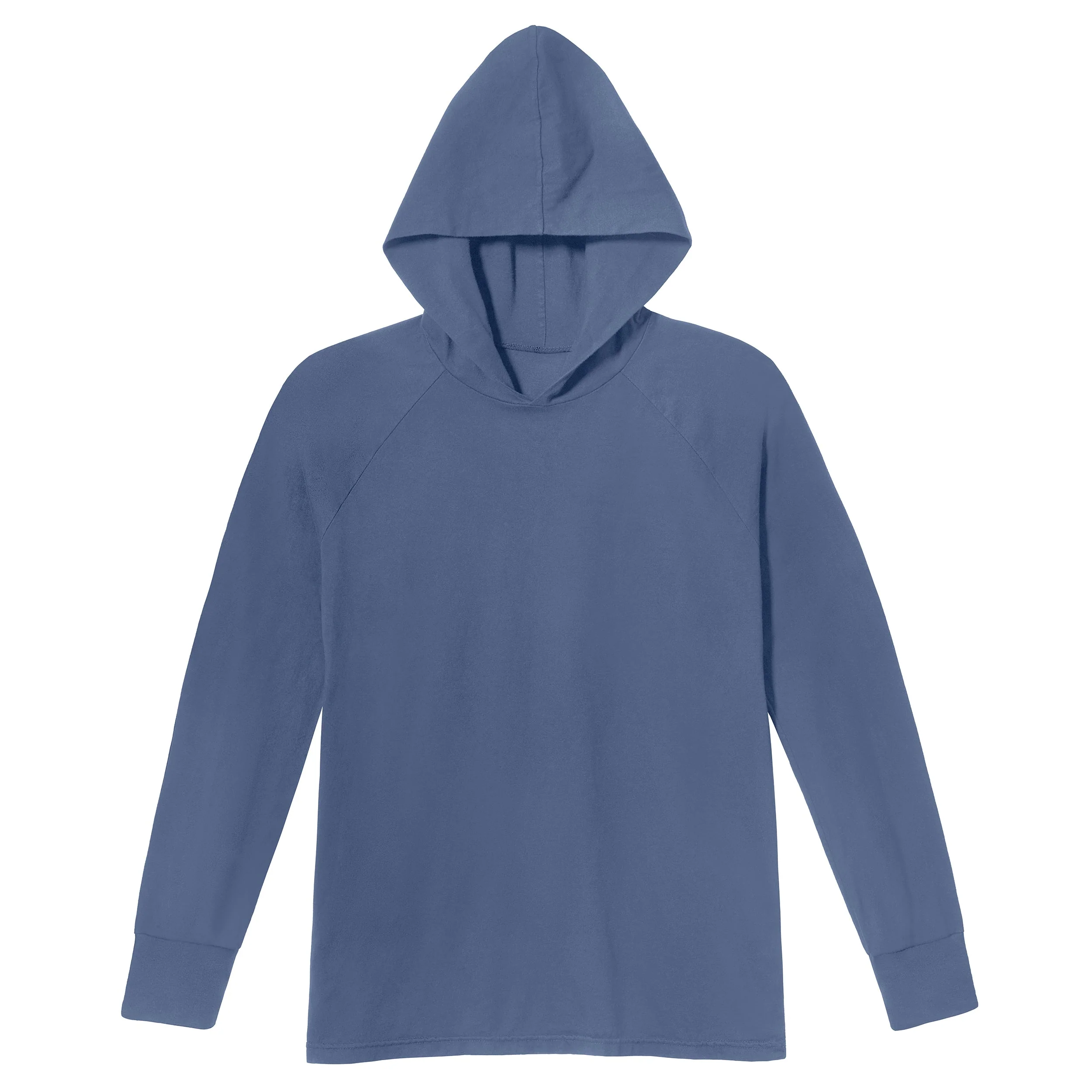 Men's Soft 100% Cotton Medium-Weight Long Sleeve Hooded Tee With Cuffs | Denim Blue - Drispect