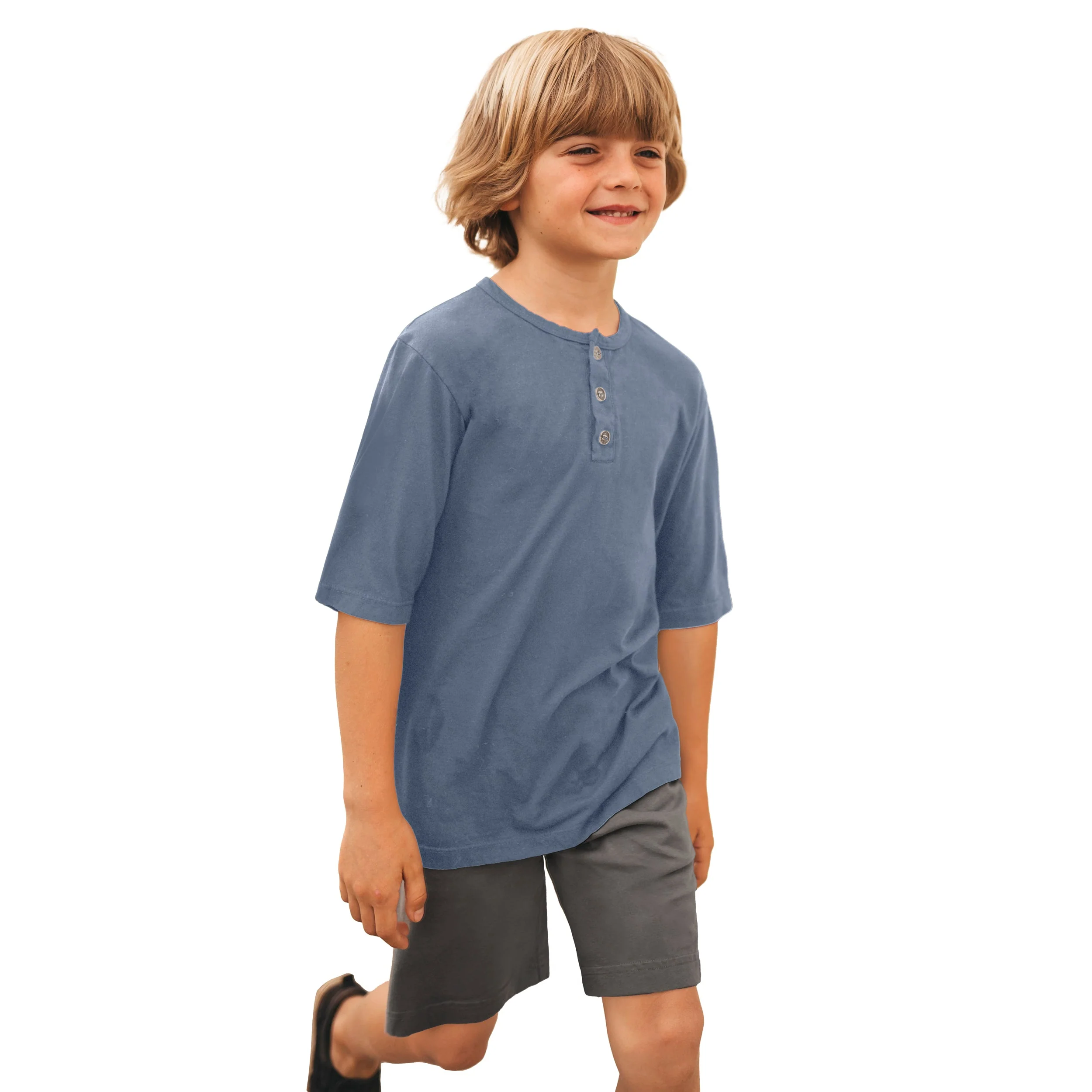 Boys Soft Organic Cotton Jersey Short Sleeve Henley Tee | Concrete - Drispect