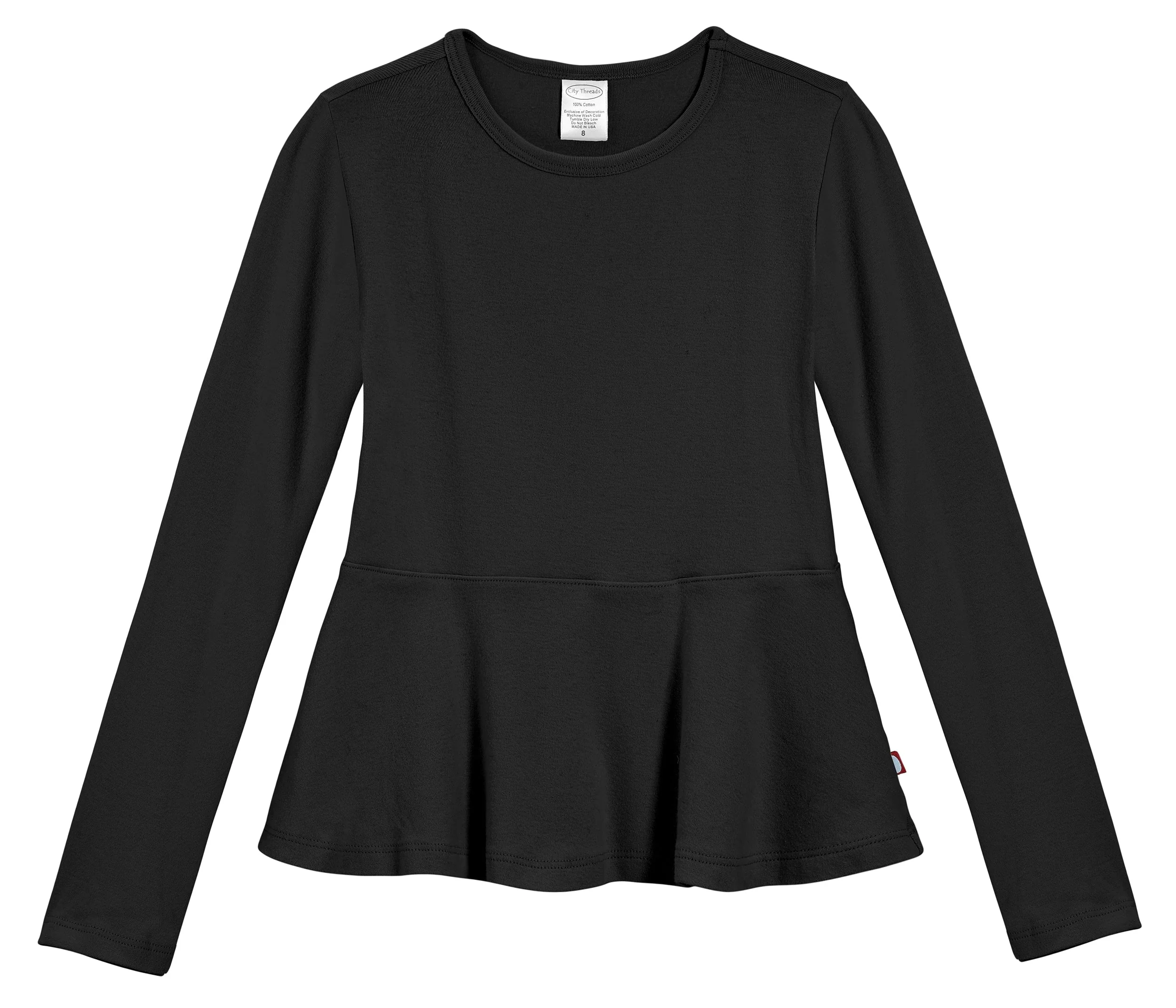 Girls Soft Cotton Long Sleeve Peplum Tee | Black - Drispect