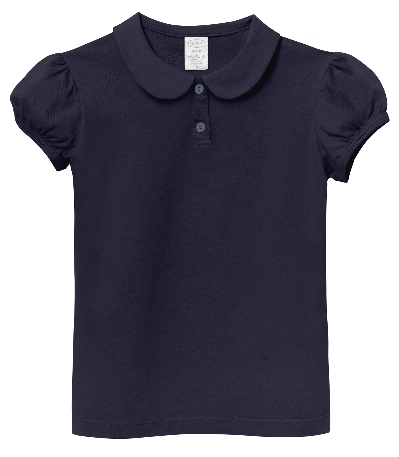 Girls Soft Cotton Jersey Peter Pan Collar Polo Puff Short Sleeve Tee-Seconds | Damage Dark Navy - Drispect