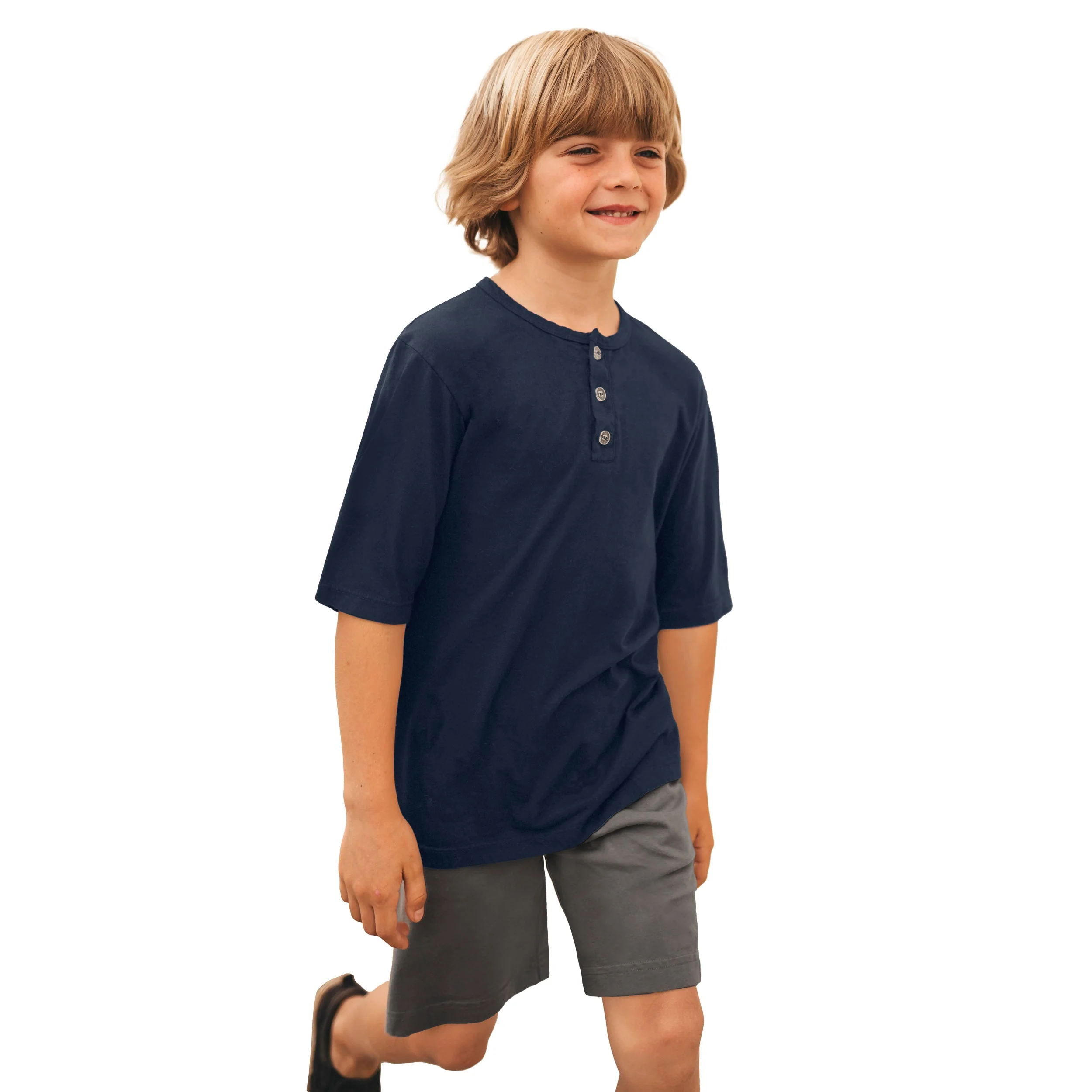 Boys Soft Organic Cotton Jersey Short Sleeve Henley Tee | Dark Navy - Drispect