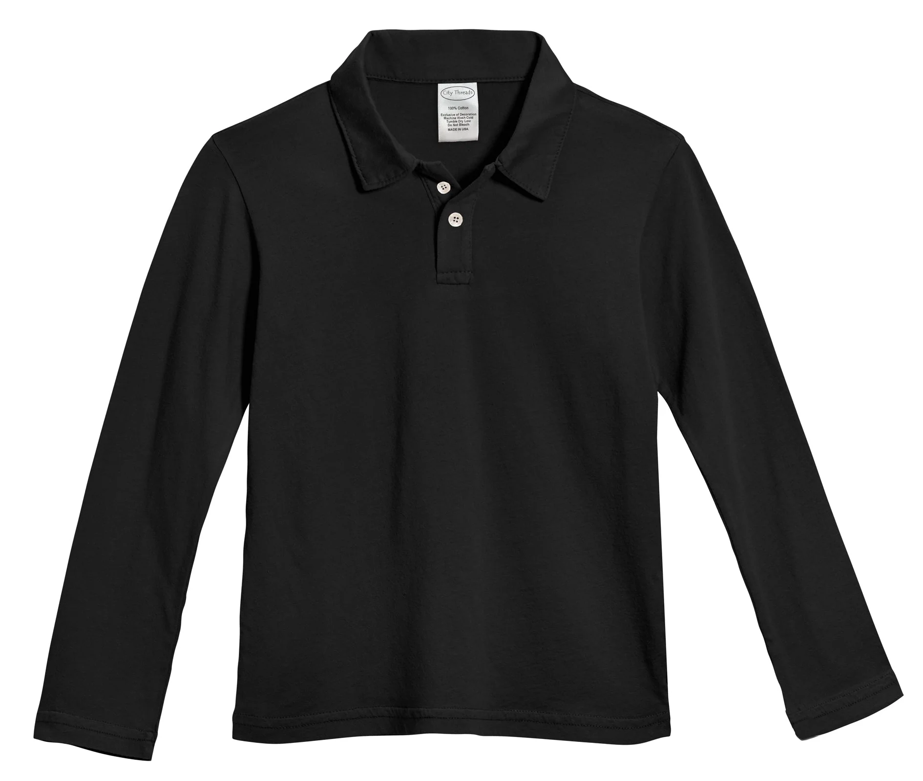 Boys Soft Cotton Jersey 2-Button Long Sleeve Polo Shirt | Black - Drispect