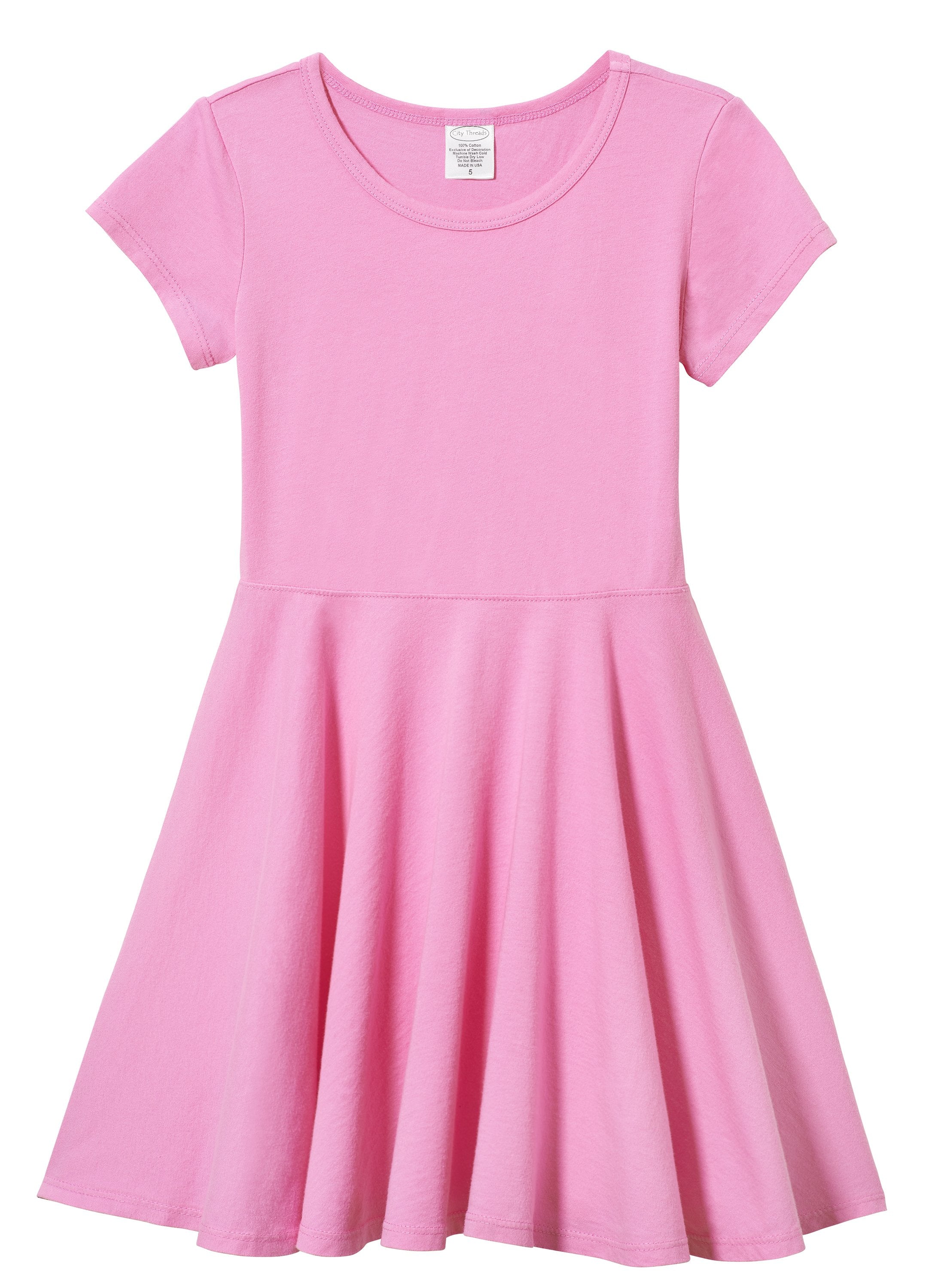 Girls Soft Cotton Jersey Short Sleeve Twirly Dress | Medium Pink - Drispect