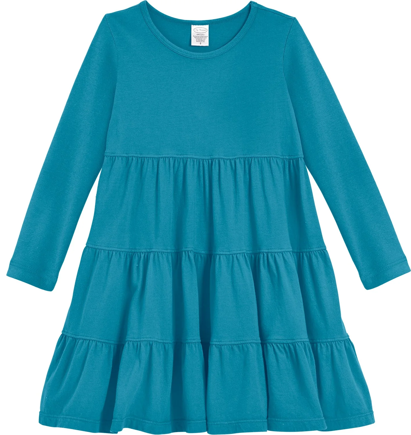 Girls Soft Cotton Jersey Long Sleeve Tiered Dress | Teal - Drispect