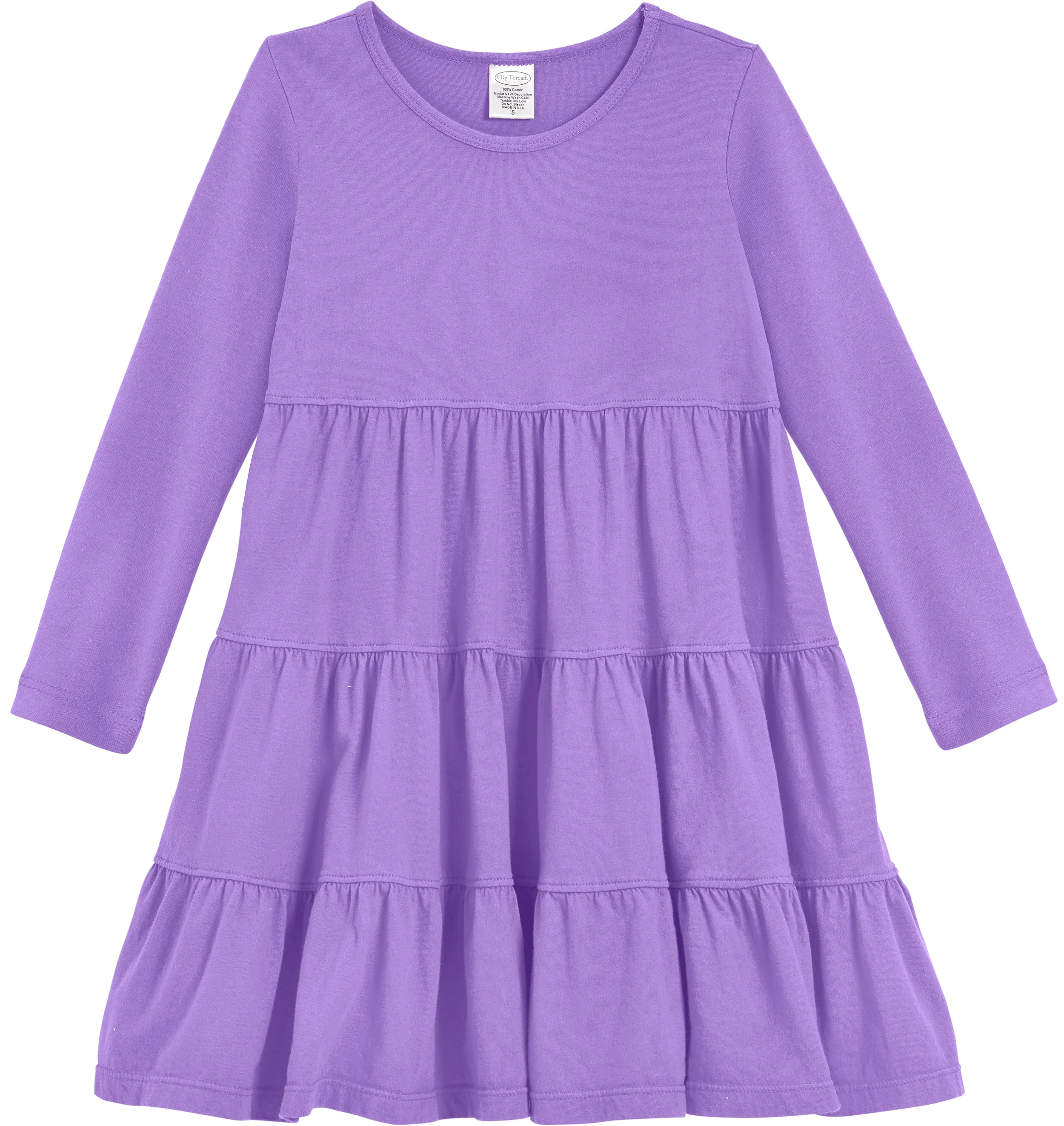 Girls Soft Cotton Jersey Long Sleeve Tiered Dress | Deep Purple - Drispect