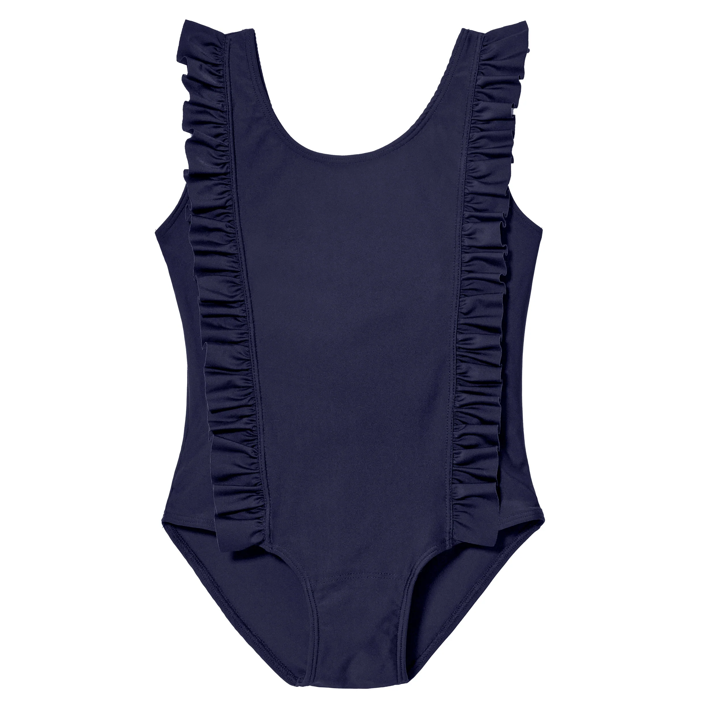 Girls UPF 50+ One-Piece Ruffle Front Swimsuit  | Navy - Drispect