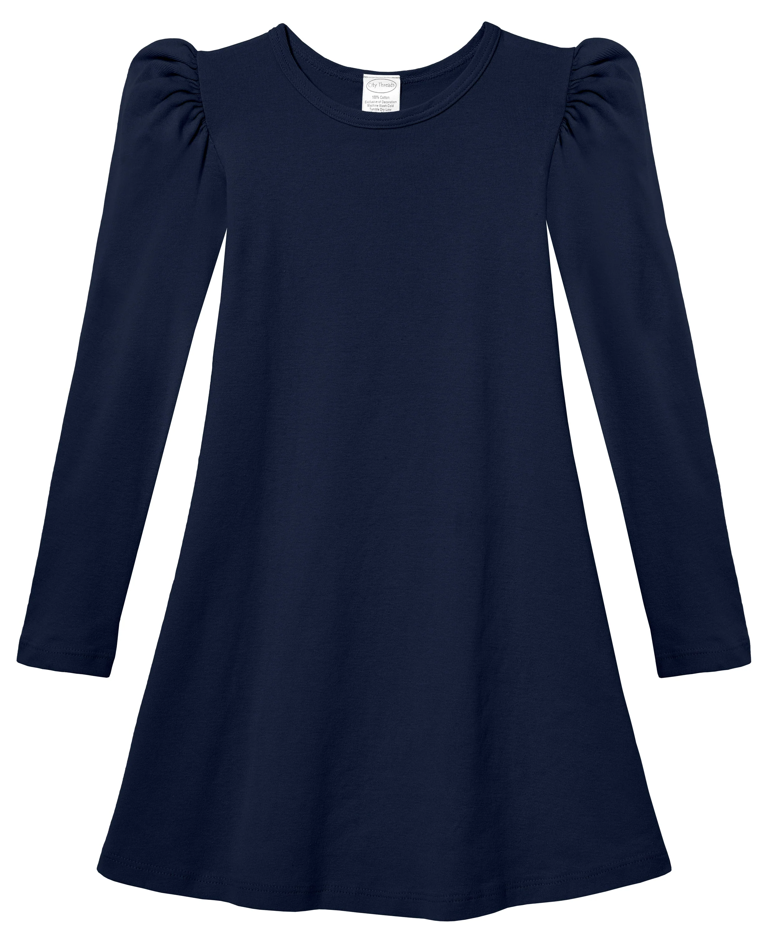 Girls Soft Cotton Puff Long Sleeve Dress | Navy - Drispect
