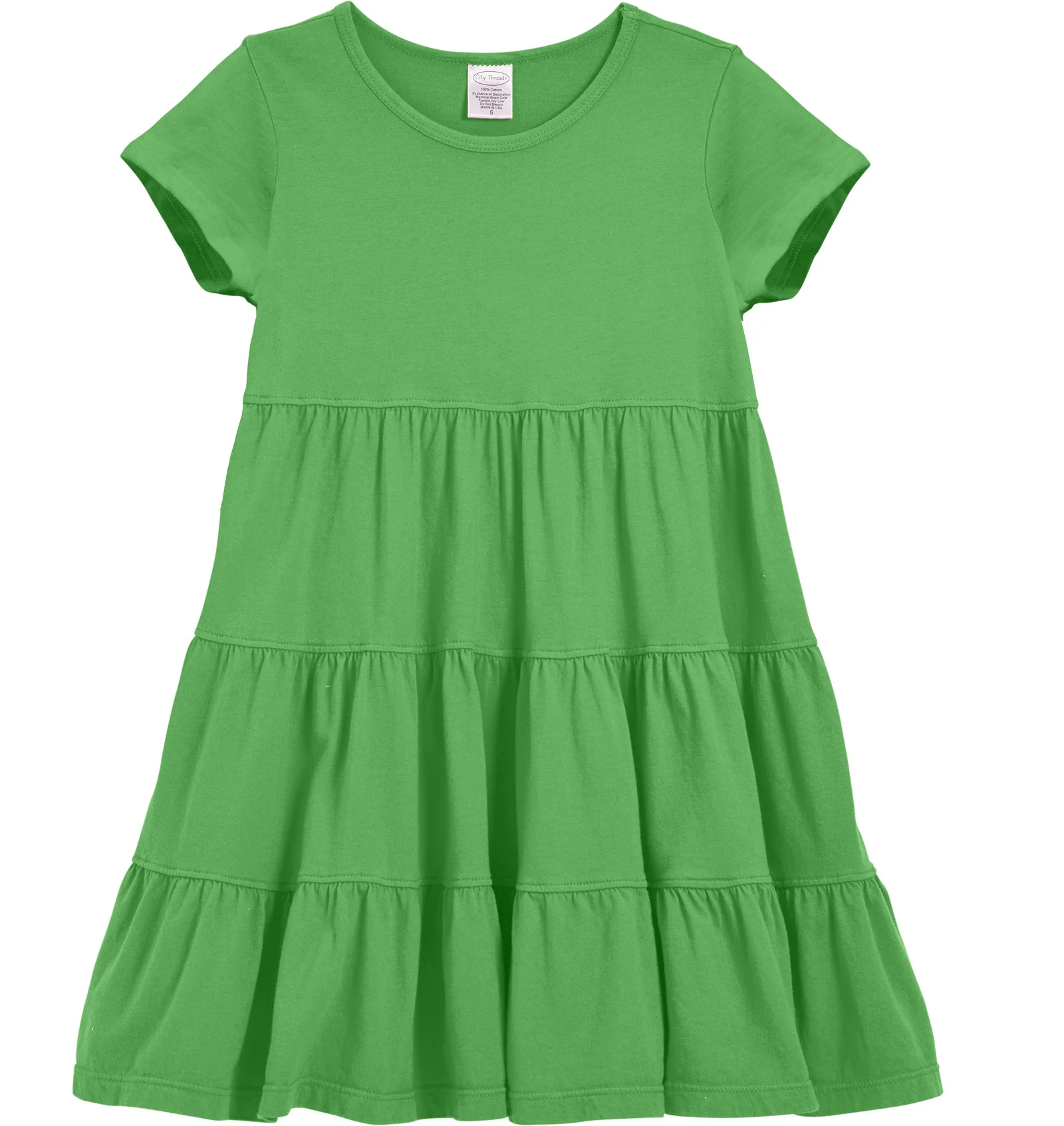 Girls Soft Cotton Jersey Short Sleeve Tiered Dress | Elf Green - Drispect