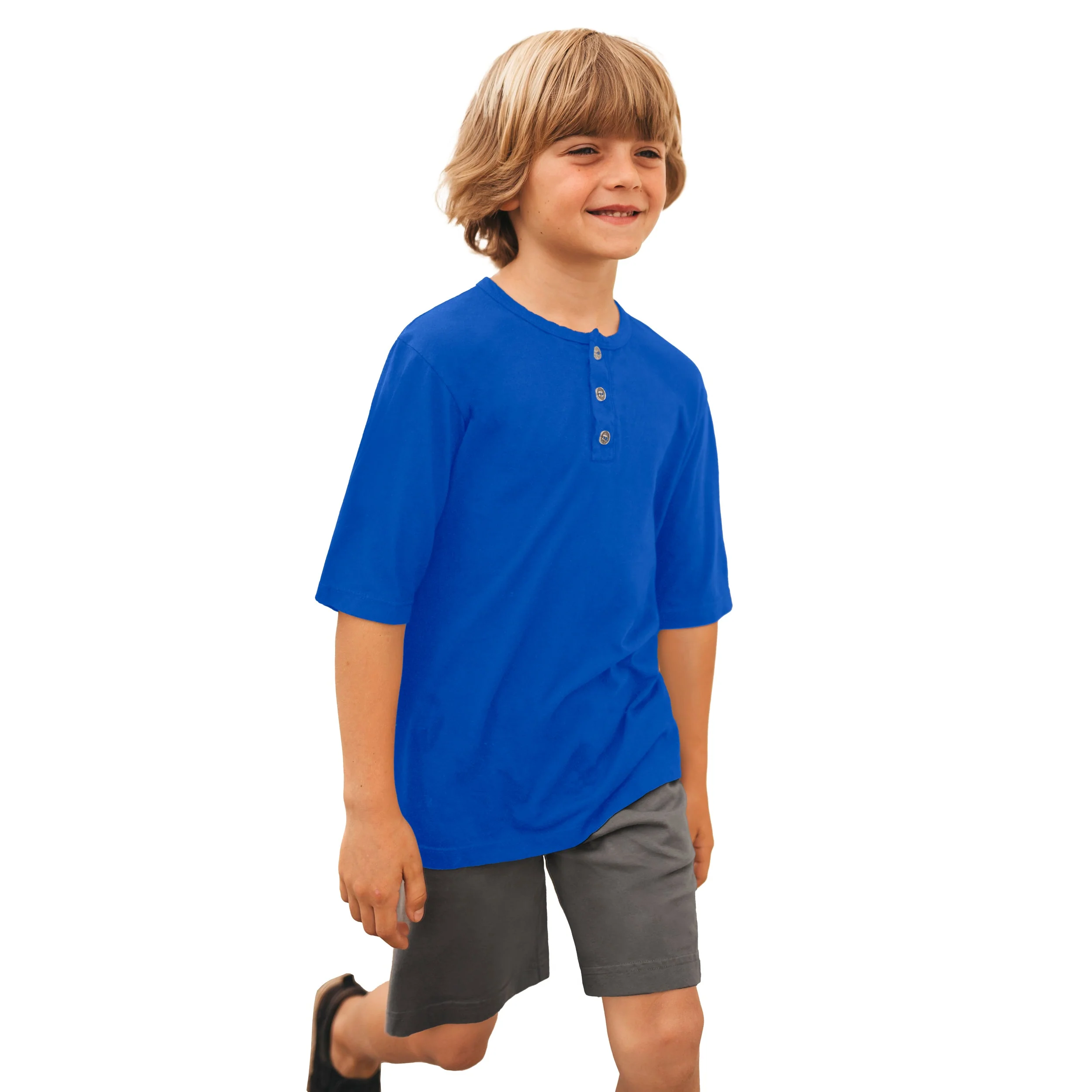 Boys Soft Organic Cotton Jersey Short Sleeve Henley Tee | Crayon Blue - Drispect