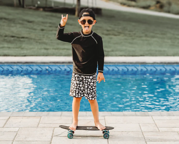 Boys UPF 50+ Recycled Polyester Soft Stretch Below the Knee Printed Swim Board Shorts  | Blue Hawaii - Drispect