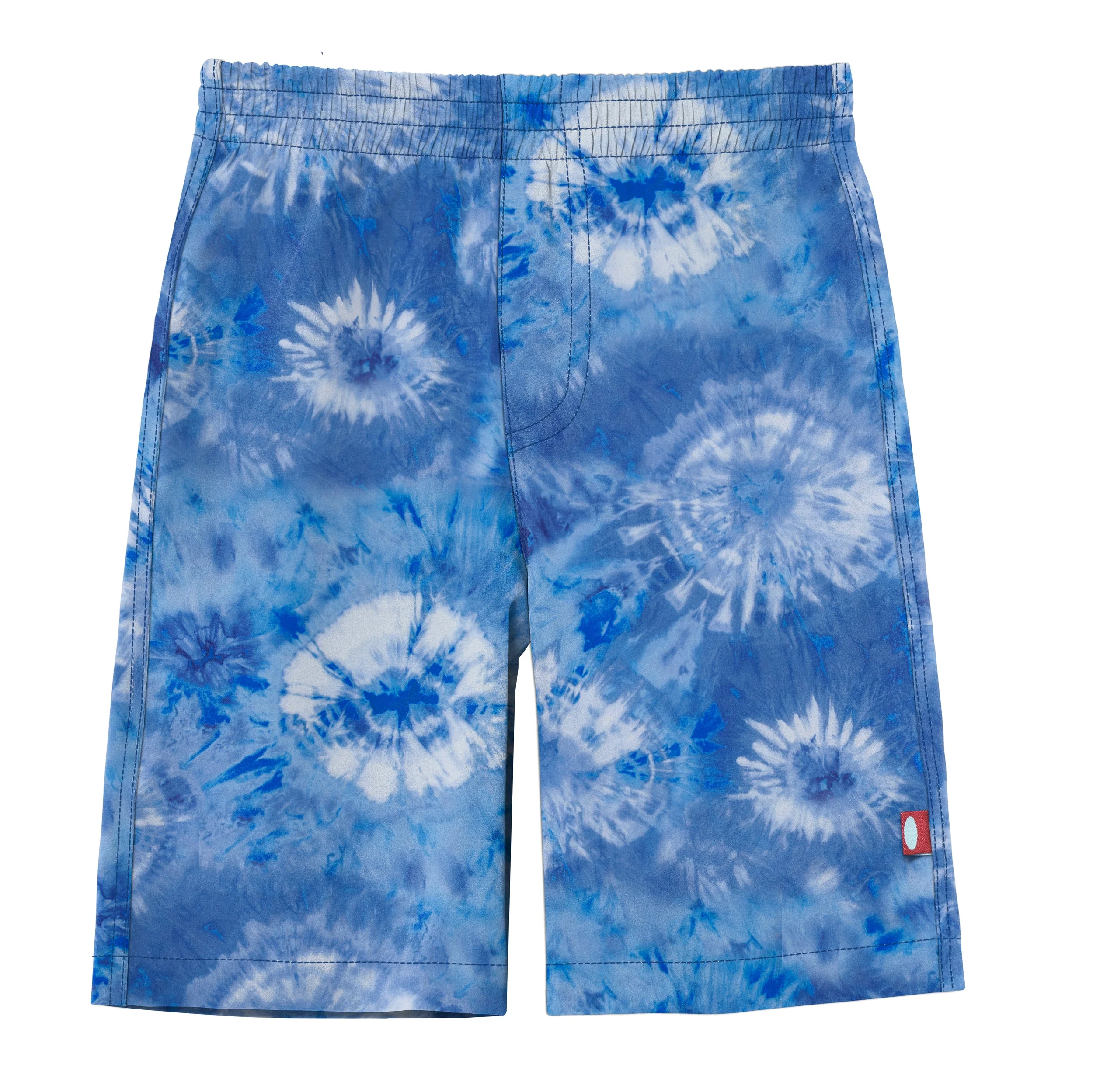 Boys UPF 50+ Recycled Polyester Soft Stretch Below the Knee Printed Swim Board Shorts  | Tie Dye Blue White Flowers - Drispect