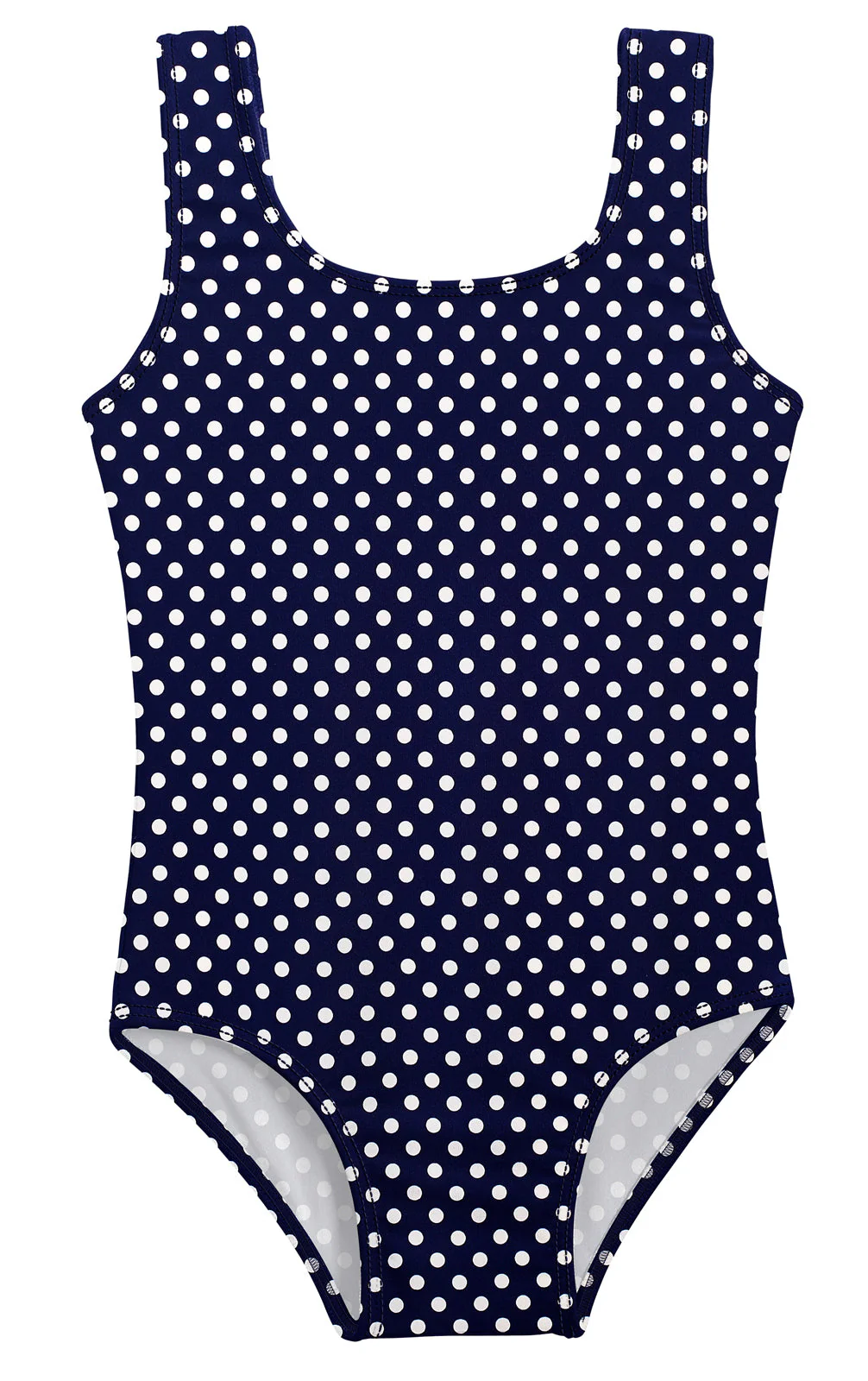 Girls UPF 50+ One Piece Swimsuit | Navy w- White Polka Dot - Drispect