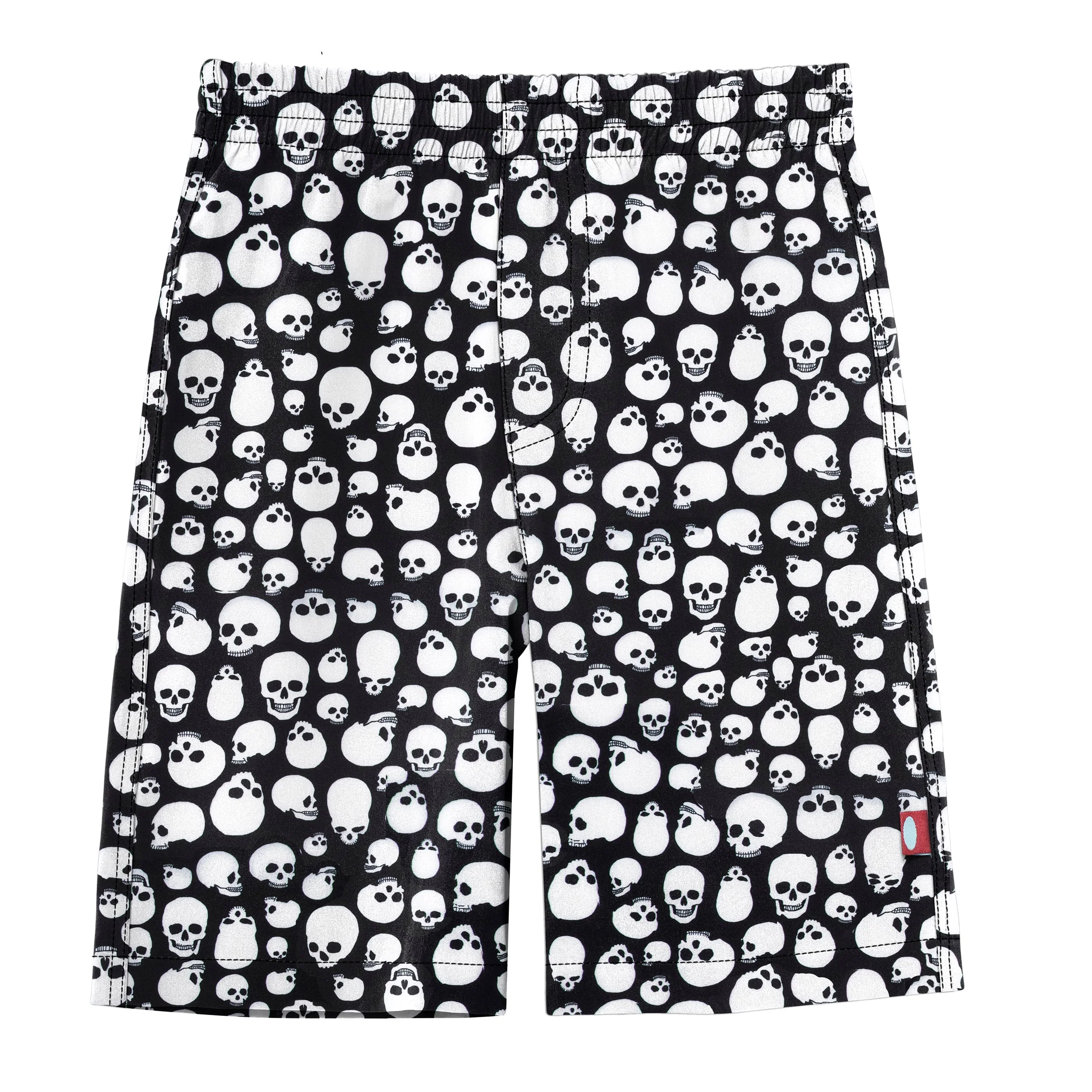Boys UPF 50+ Recycled Polyester Soft Stretch Below the Knee Printed Swim Board Shorts | Skulls - Drispect