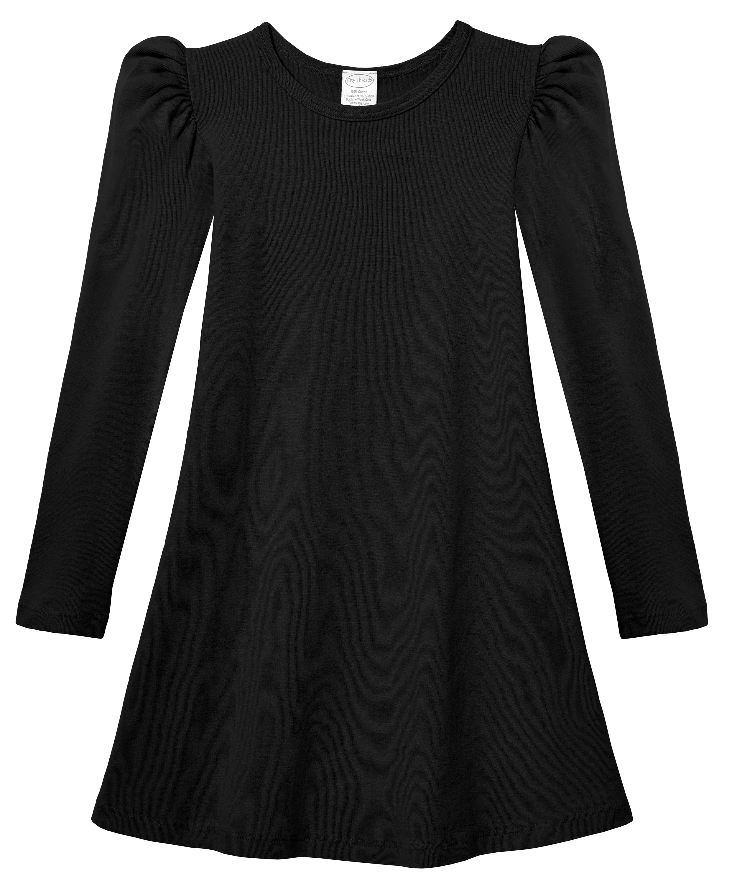 Girls Soft Cotton Puff Long Sleeve Dress | Black - Drispect