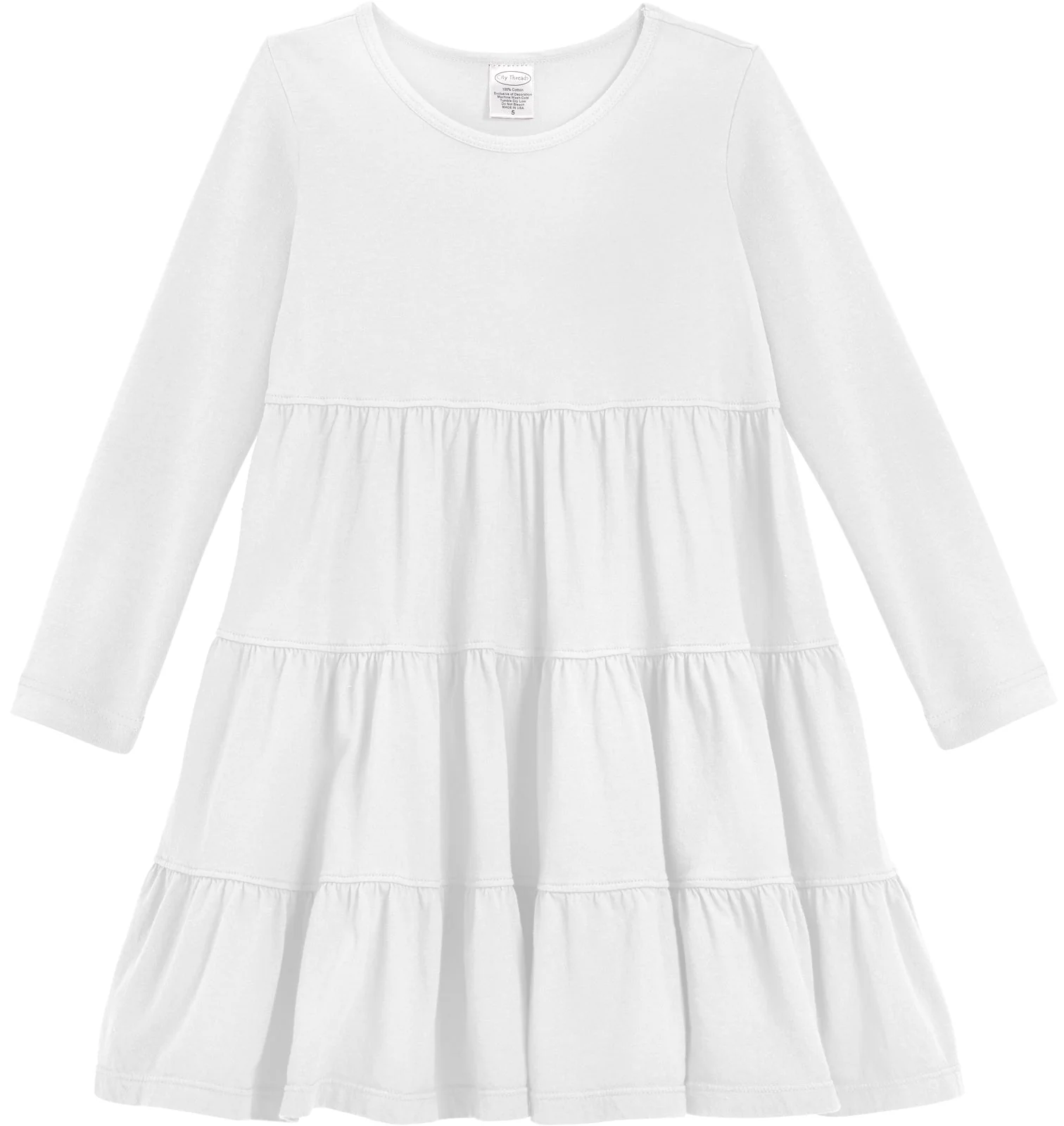 Girls Soft Cotton Jersey Long Sleeve Tiered Dress | White - Drispect
